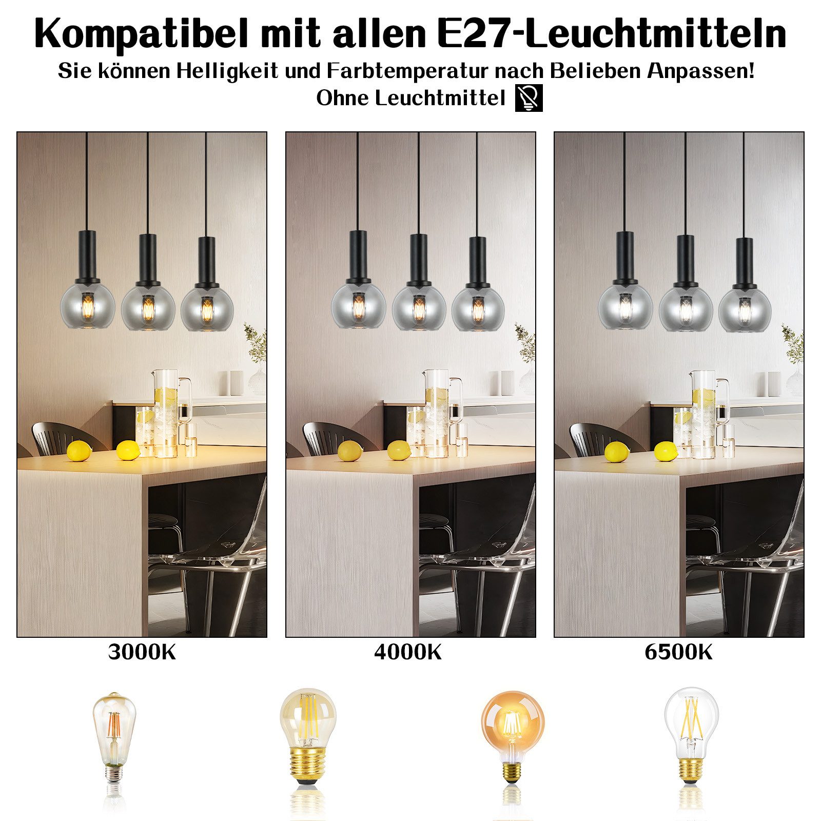 Nettlife Pendelleuchte Vintage Esstisch Glas Schwarz Industrial E27 Wohnzimmer, Höhenverstellbar, LED wechselbar, Esstischlampe für Wohnzimmer Küche