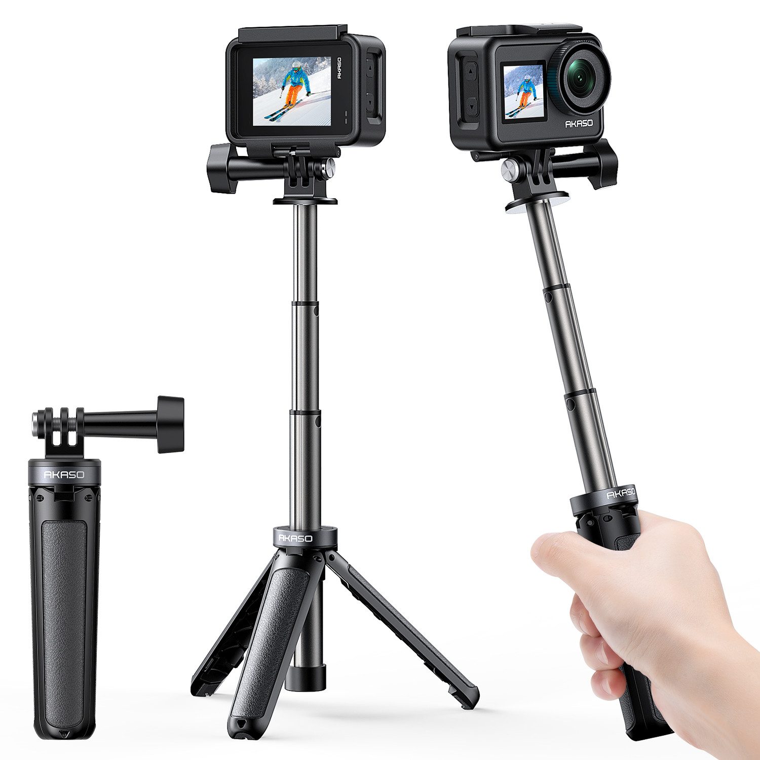 Akaso Action Cam-Halterung 2-in-1 Mini-Selfie-Stick mit Stativ für Action Cams, (1-tlg., 13.5-26cm, kompatibel mit AKASO/GoPro/DJI Action Cam)
