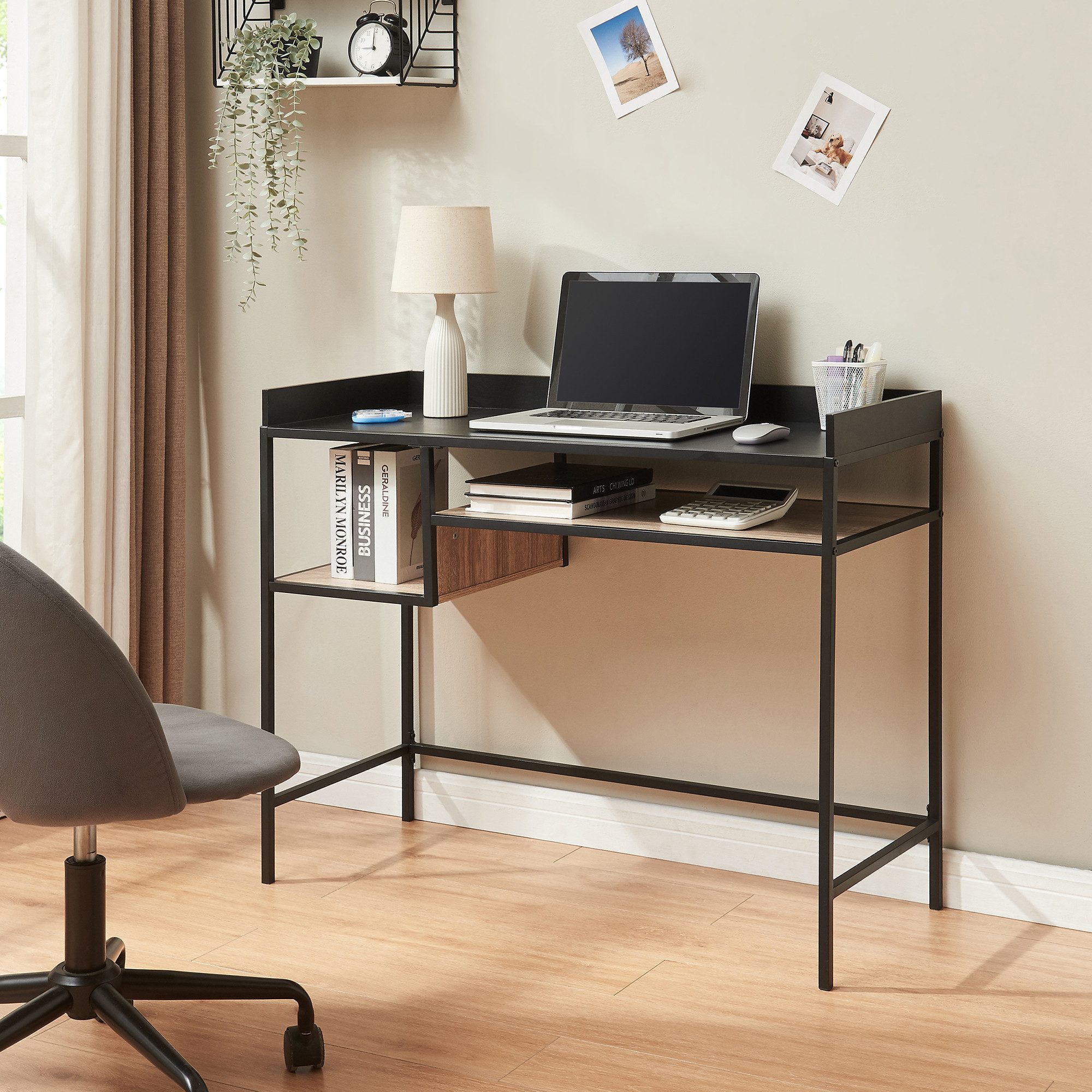 en.casa Schreibtisch, »Belana« mit 2 Ablagen 100x43x82 cm Metallgestell Schwarz/Eicheoptik