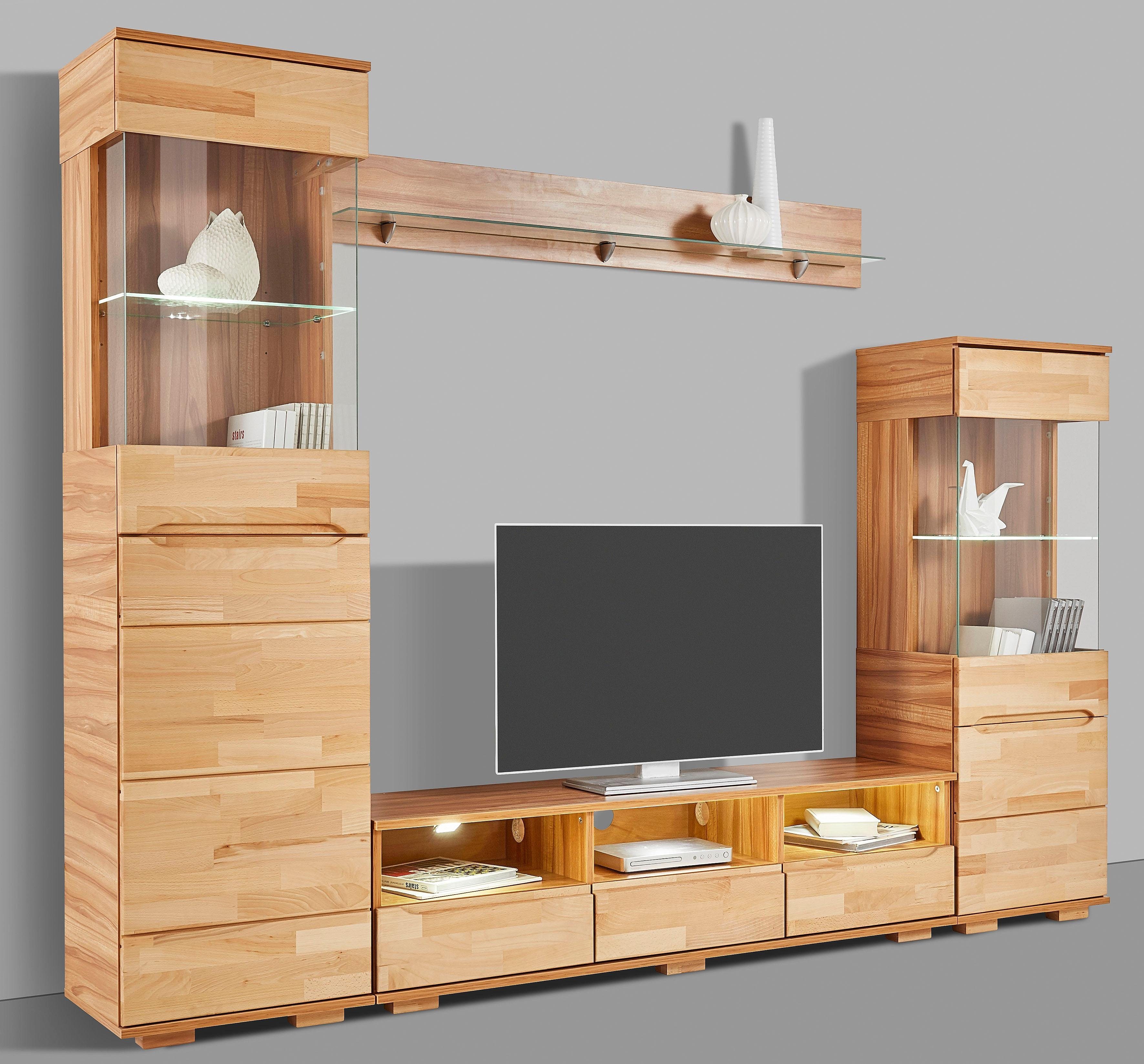 OTTO home Wohnwand Vetro,Fronten Massivholz,Korpus Holzwekstoff,Griffmulden, (Set, 4-St), Böden teilweise versetzbar, bei TV Teil Kabeldurchführung