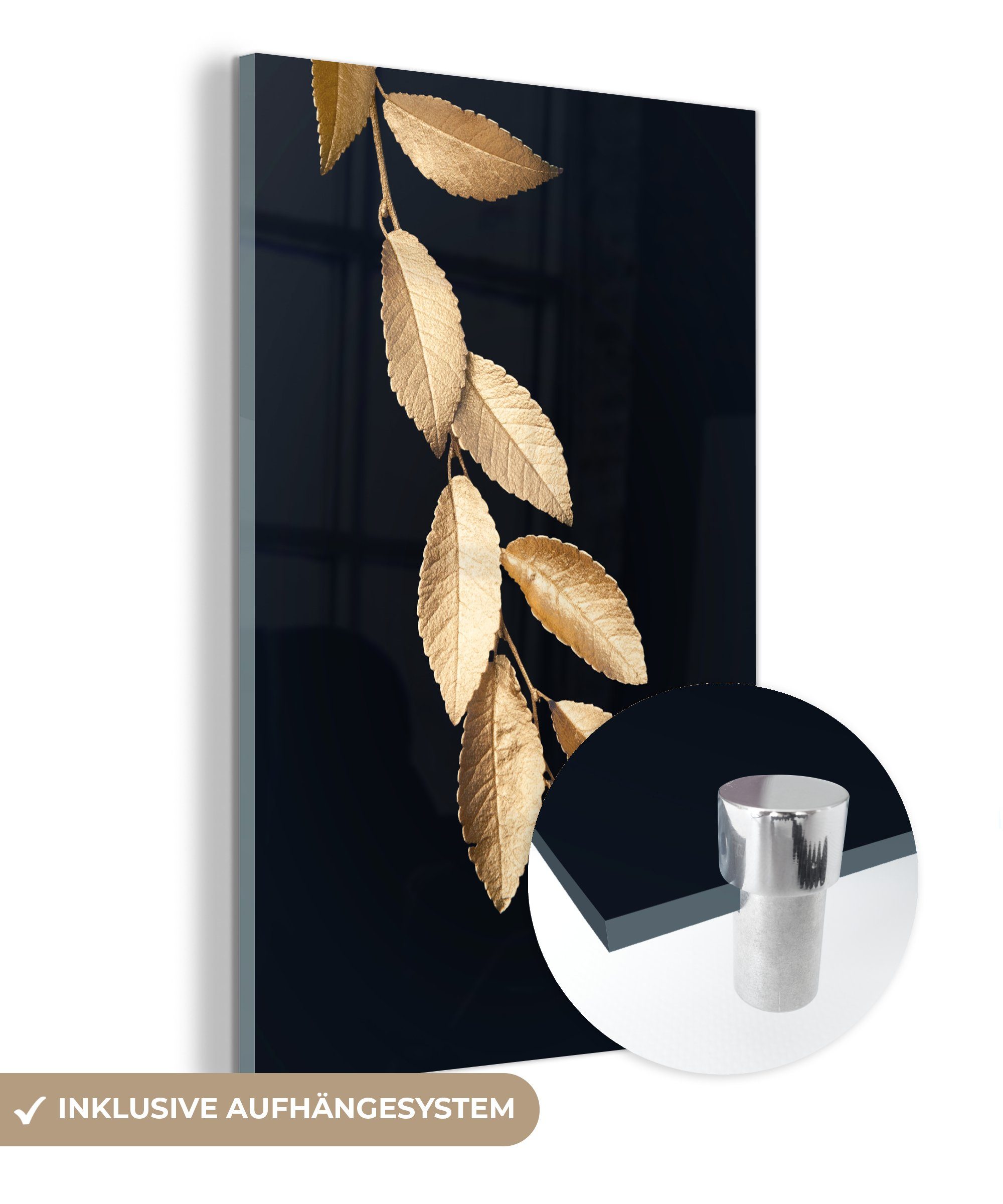 MuchoWow Acrylglasbild Baum - Blatt - Gold, (1 St), Glasbilder - Bilder auf Glas Wandbild - Foto auf Glas - Wanddekoration bunt