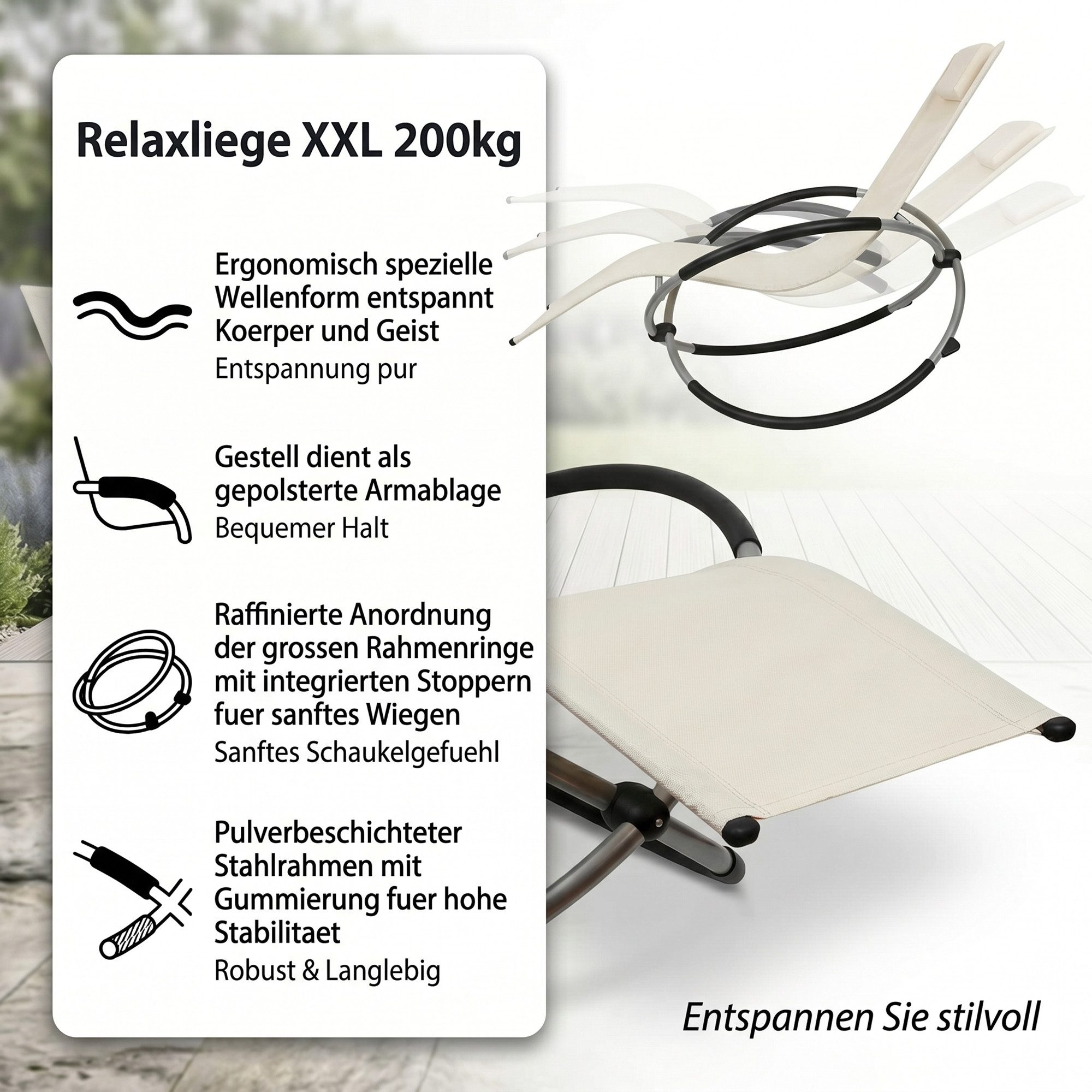 Mucola Relaxliege Schaukelliege Sonnenliege Liegestuhl 200kg belastbare XXL Relaxliege, Stück, bis 200 Kg belastbar