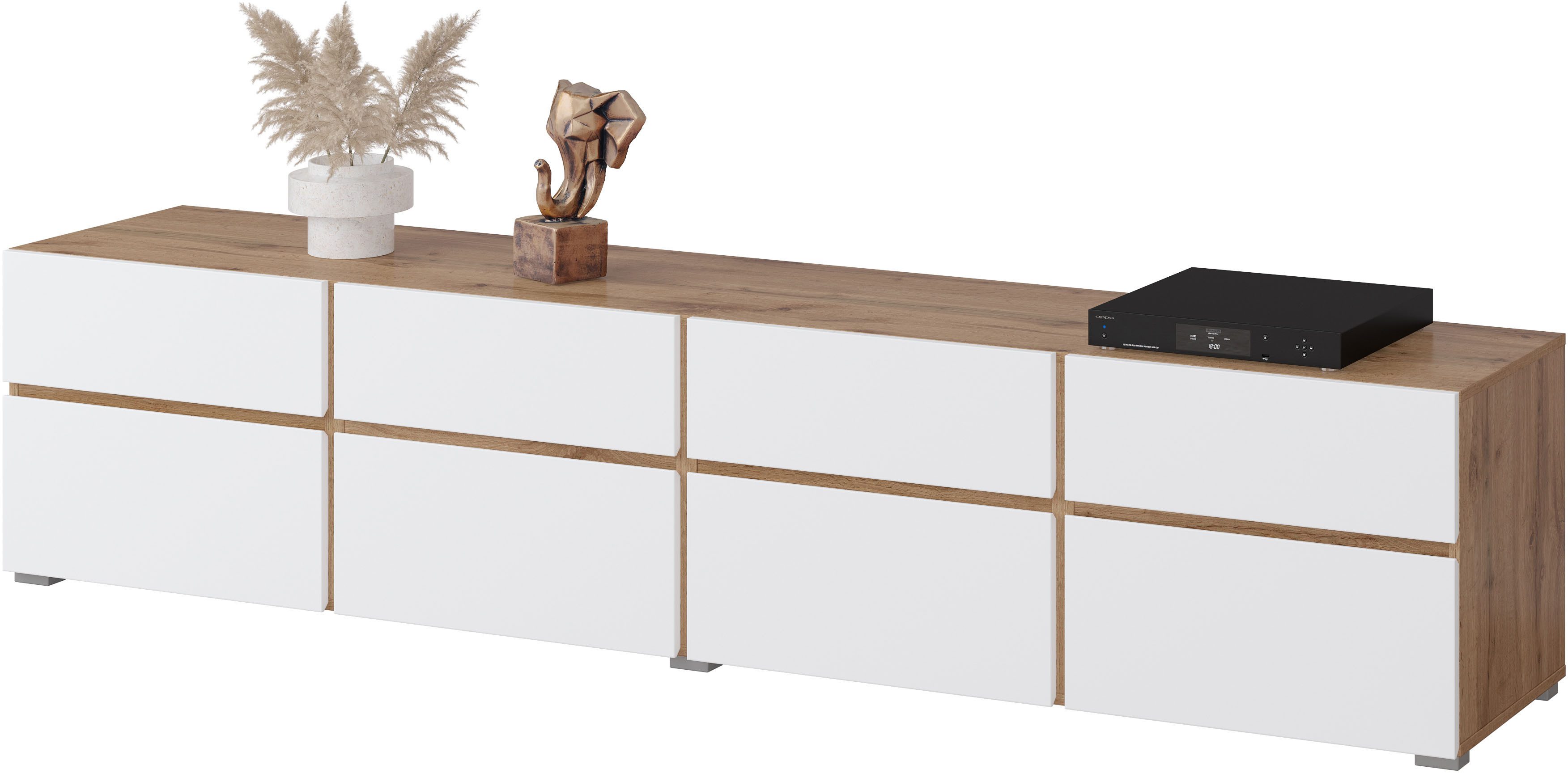 OTTO home Lowboard Cross, moderne grifflose TV-Kommode,4 Klappen/4 Schubkästen, Breite 225 cm, TV-Schrank mit viel Stauraum, TV-Board