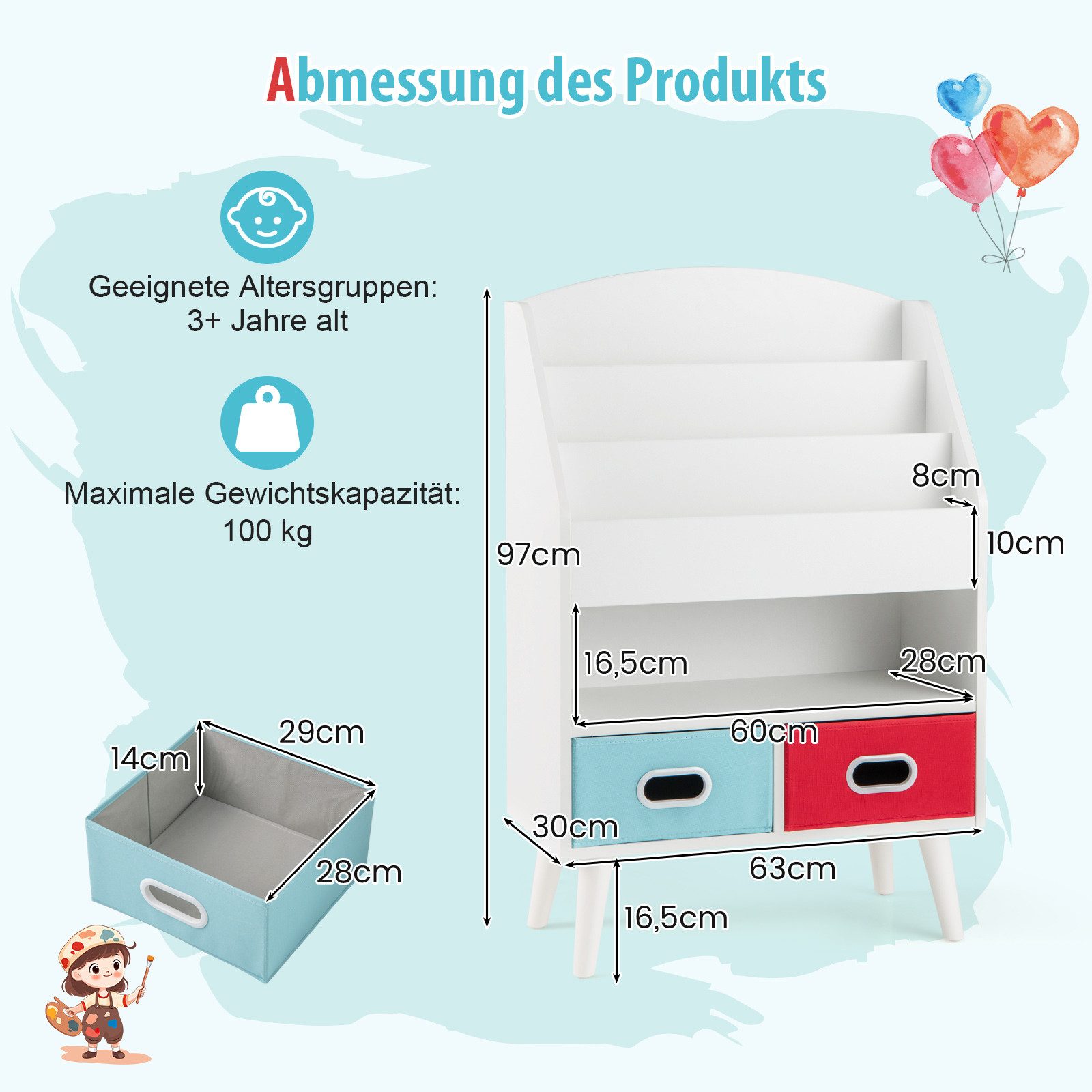 COSTWAY Spielzeugtruhe, Kinderregal mit 3-stufigen Regalen