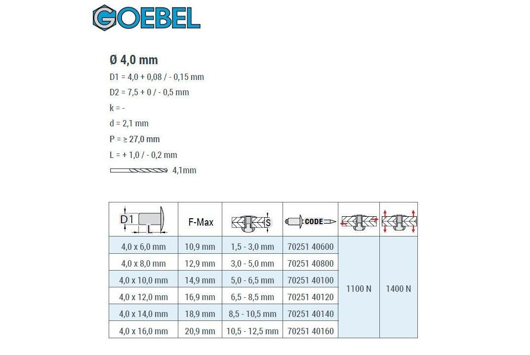 GOEBEL GmbH Blindniete 7025140800, (1000x 8,0 Blindniete St., mm, A2 Popniete), / V2A Senkkopf / - Edelstahl 4,0 x 1000 - Aluminium Niete - STANDARD