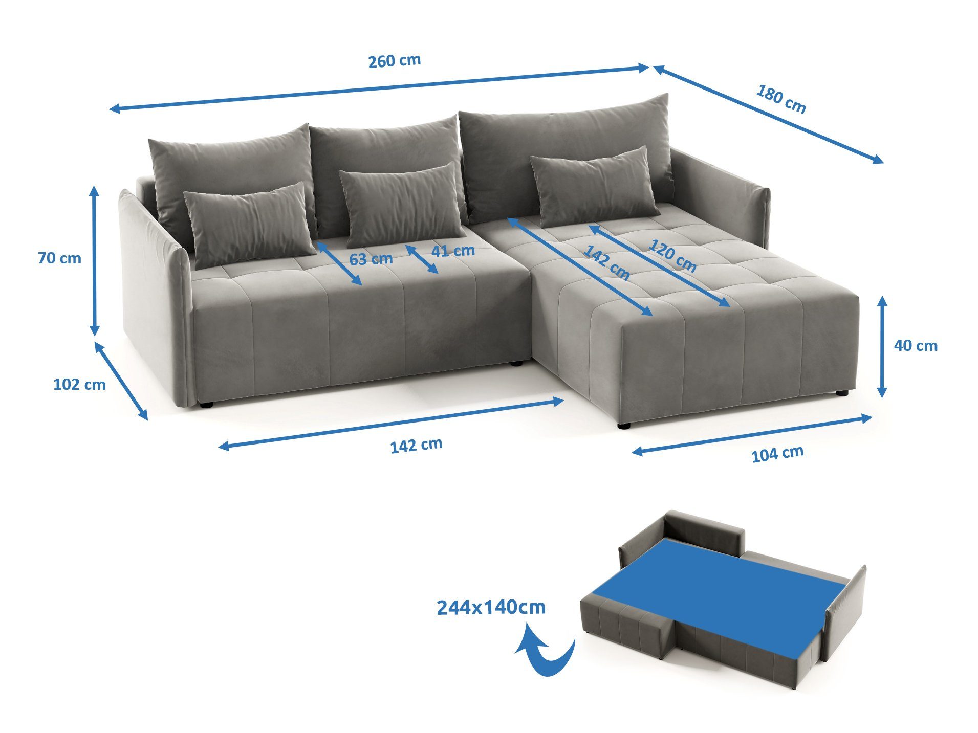 Sofnet Ecksofa Leno L, mit Schlaffunktion und Bettkasten, L-Form Couch, Polstersofa, Schlafsofa mit Wellenfeder