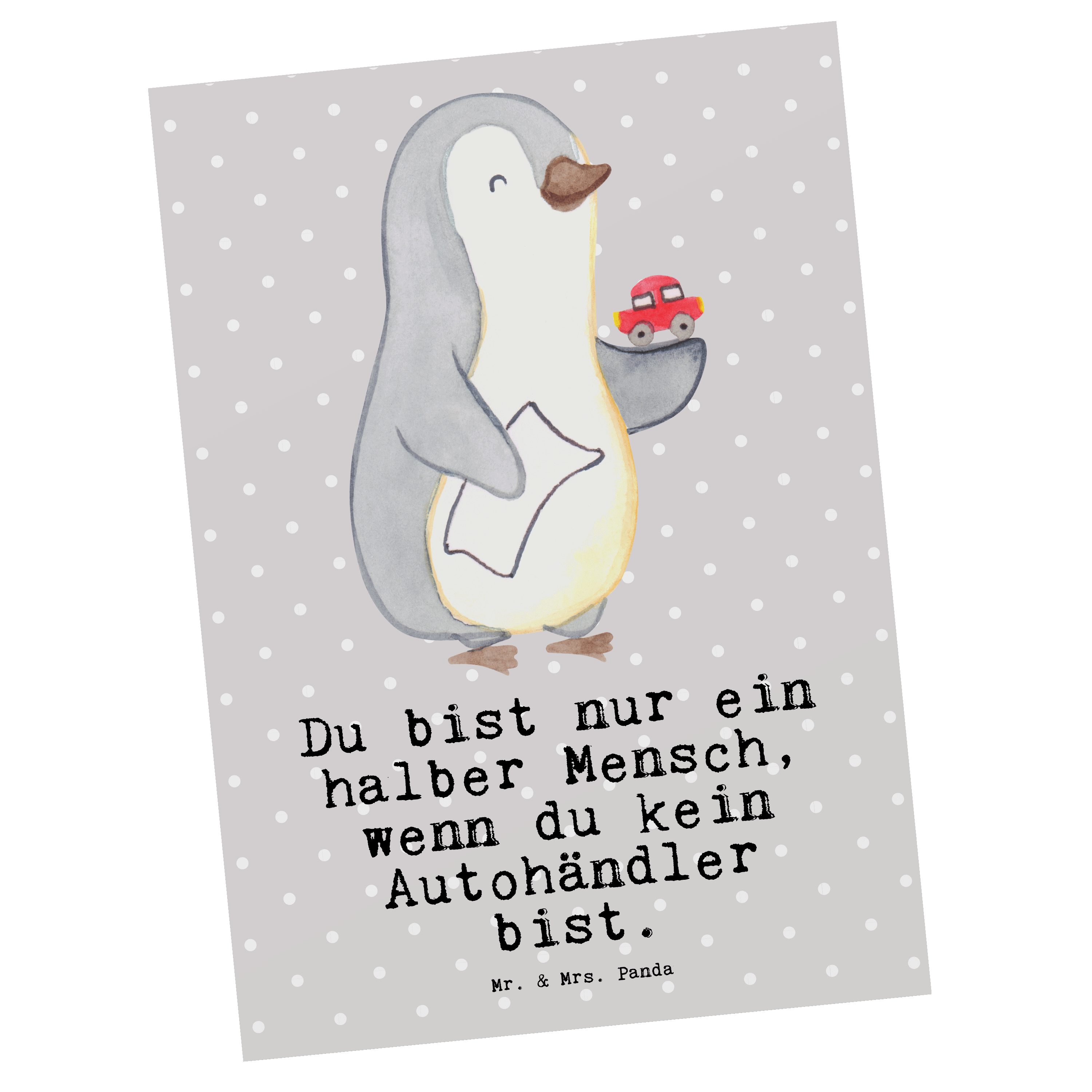 Mr. & Mrs. Panda Postkarte Autohändler mit Herz - Grau Pastell - Geschenk, Führerschein, Ansicht
