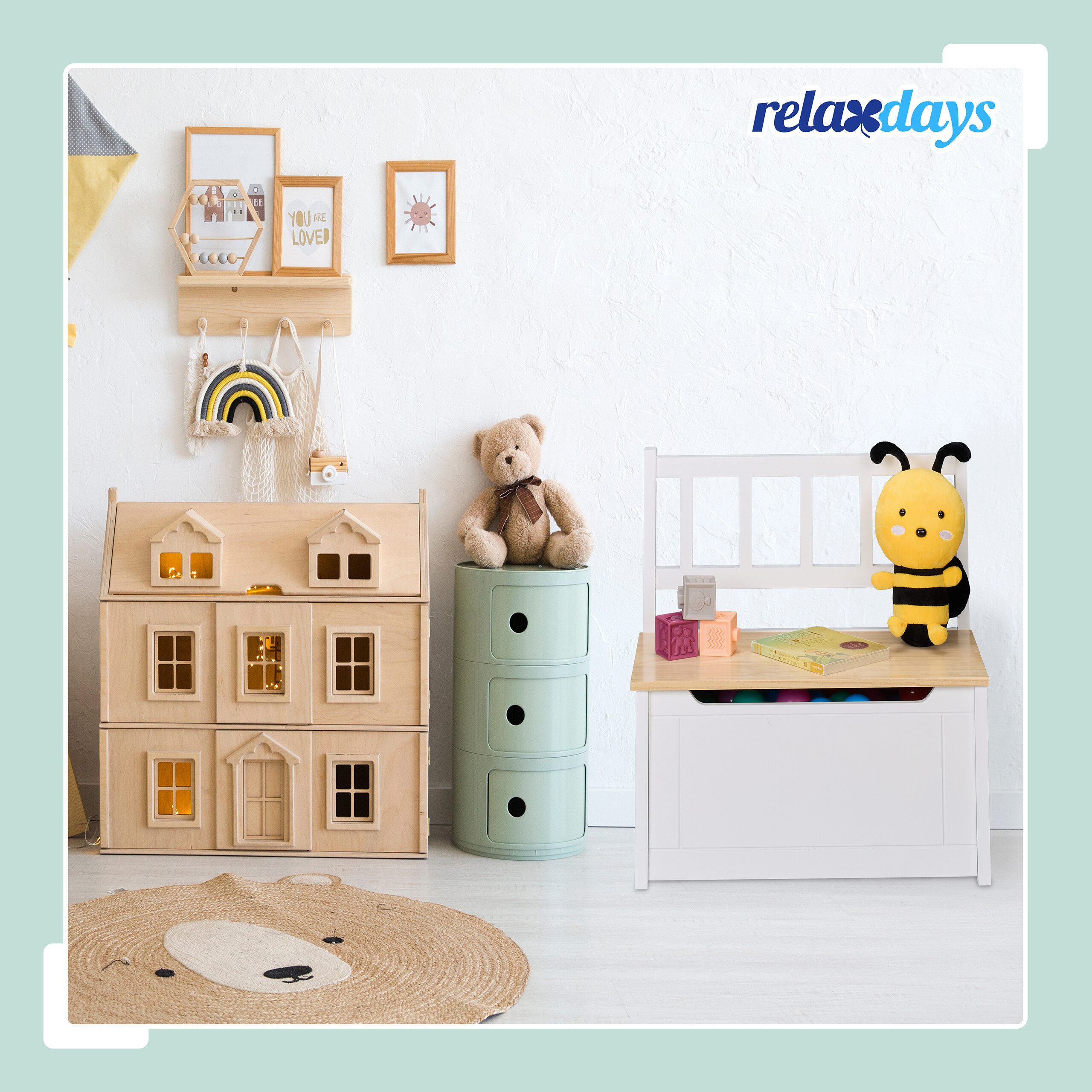relaxdays Sitzbank Kinderbank mit Stauraum (1-St), Weiss-braun – Bild 3 von 5