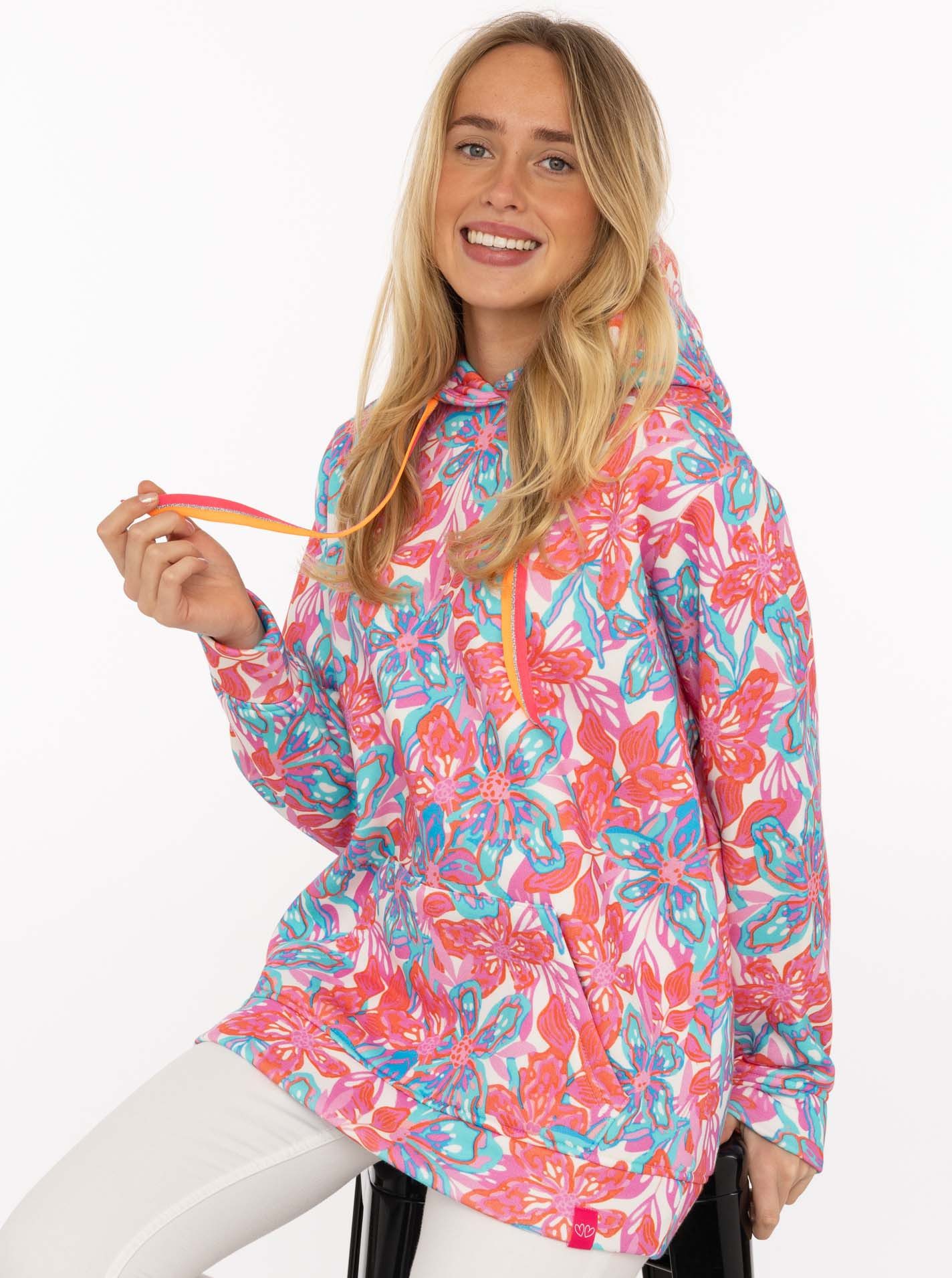 Zwillingsherz Hoodie "Flower Sparkles" farbenfrohes florales Muster, Neondetails, Kapuze, Fronttasche