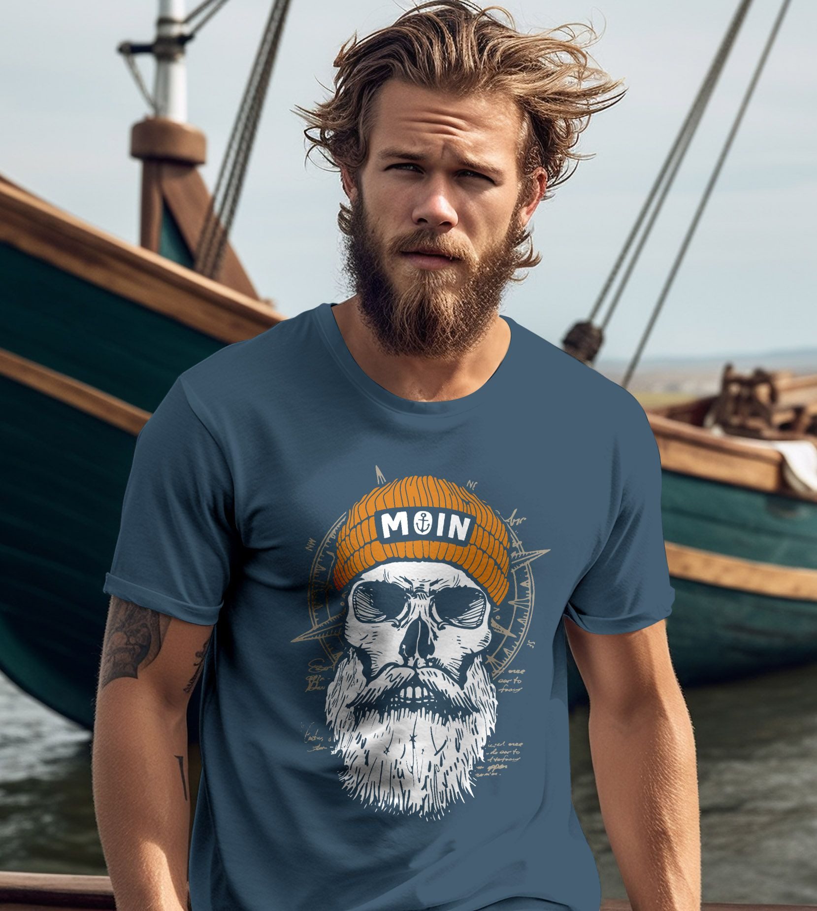 Neverless Print-Shirt Herren T-Shirt Printshirt Moin Skull Windrose Kompass Totenkopf mit Print – Bild 5 von 5