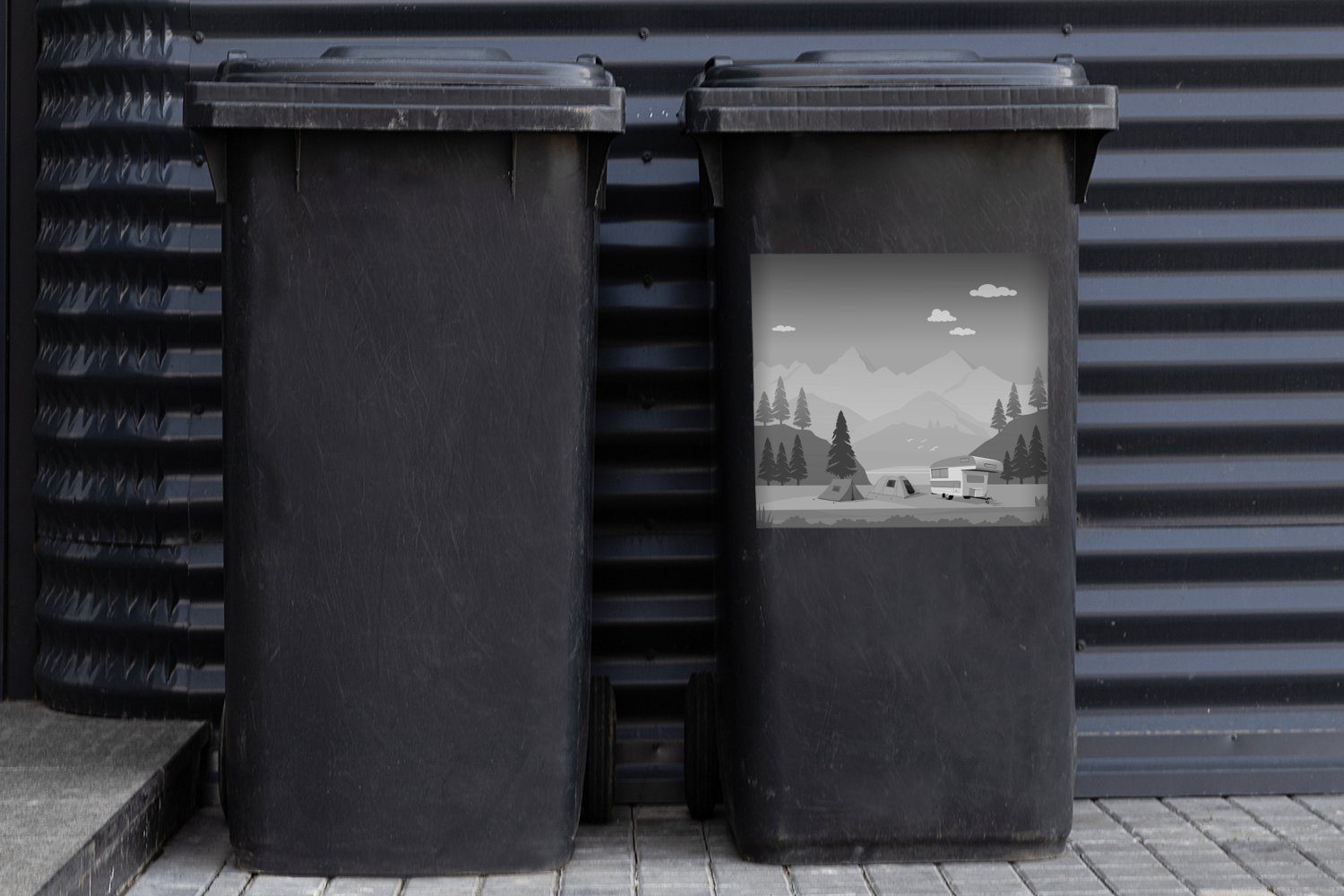 MuchoWow Wandsticker Illustration Sticker, (1 zwischen Wohnmobils Container, Mülleimer-aufkleber, St), eines den Abfalbehälter weiß - schwarz Bergen und Mülltonne
