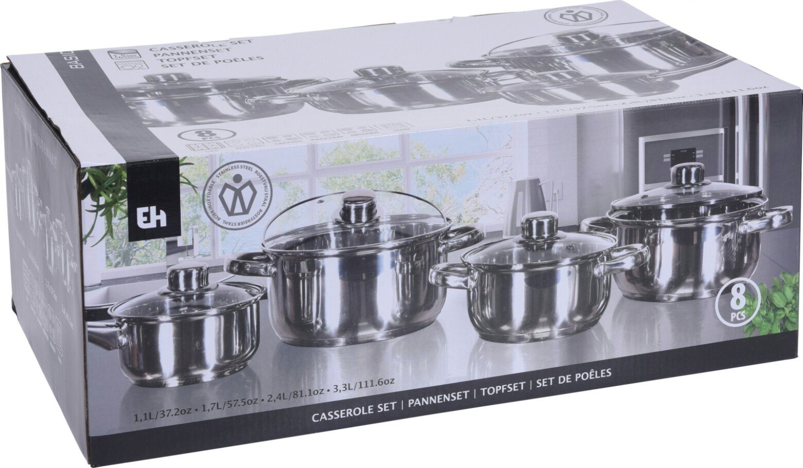 Koopman Topf-Set Kochtopfset Küchenset Edelstahl Silberfarbend 8 Tlg. Set, Aluminium (Set, 1-tlg., Packung), Silberfarbend, Gas, Kochset, Induktion, Elektro – Bild 3 von 3
