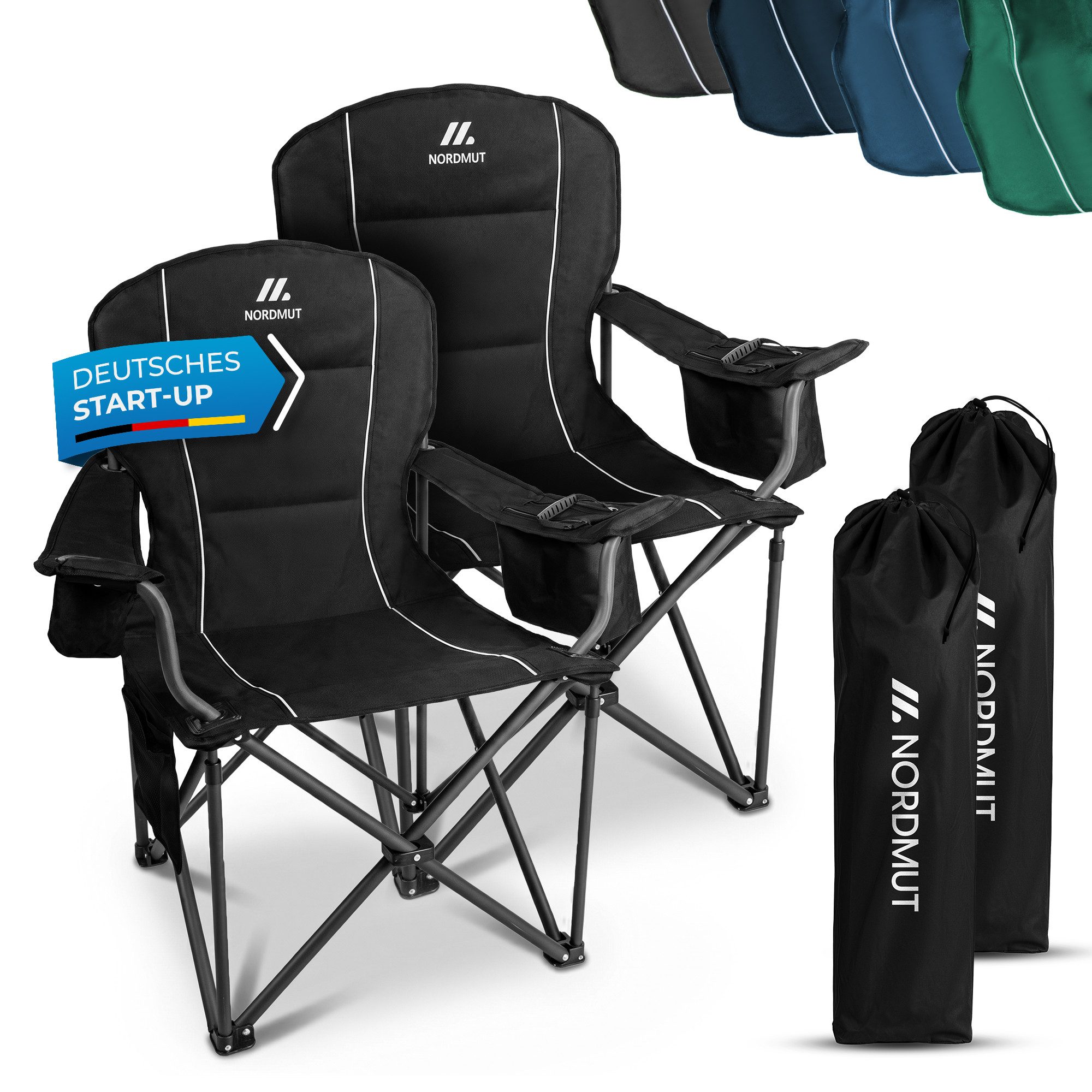 Nordmut Campingstuhl Klappstuhl faltbar, Outdoor Strand Angeln Garten, 200 kg, Armlehne (Spar-Set, 2 St), Kühltasche, Getränkehalter, breite Sitzfläche, gepolstert, wetterfest