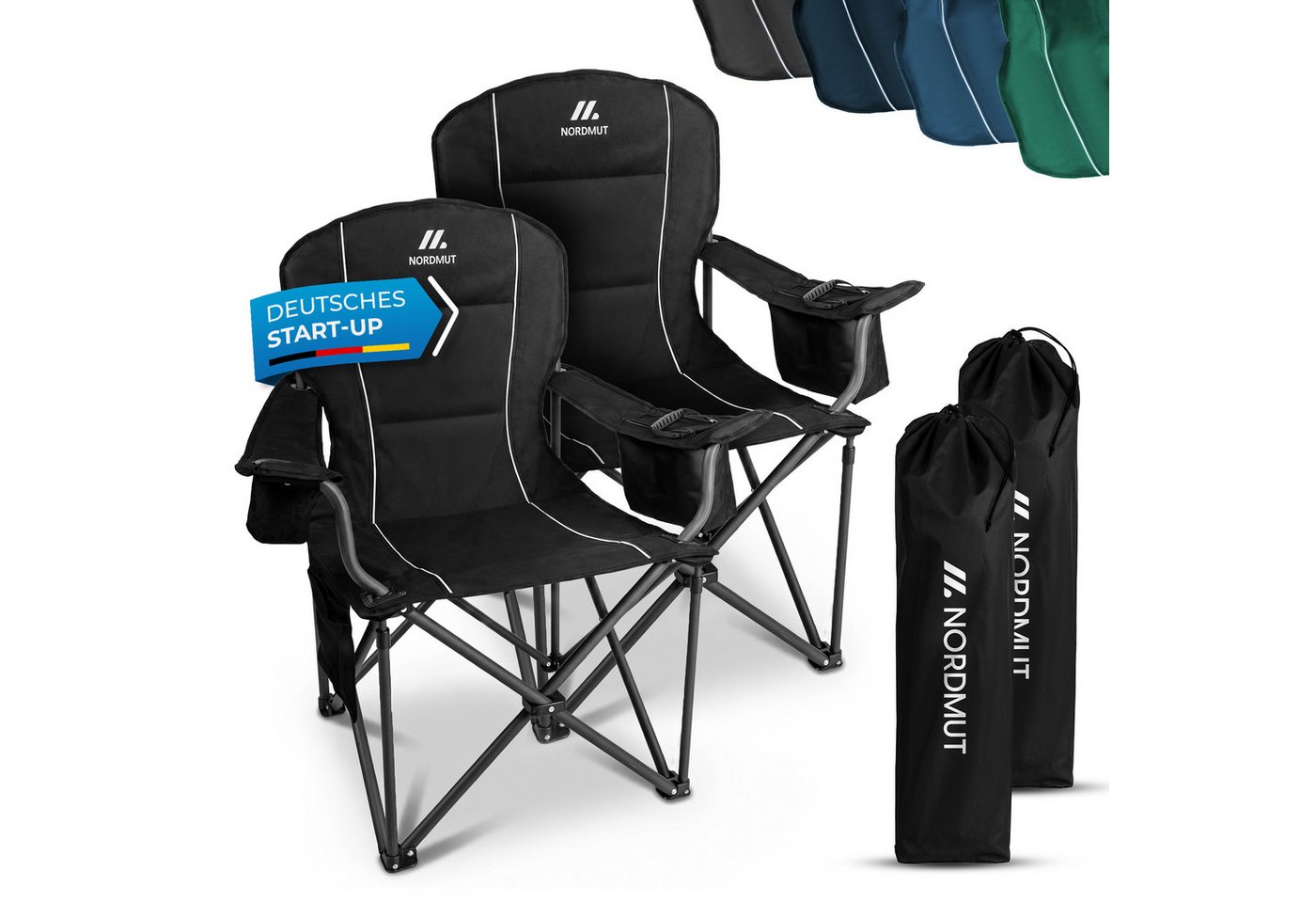 Nordmut Campingstuhl Klappstuhl faltbar, Outdoor Strand Angeln Garten, 200 kg, Armlehne (Spar-Set, 2 St), Kühltasche, Getränkehalter, breite Sitzfläche, gepolstert, wetterfest