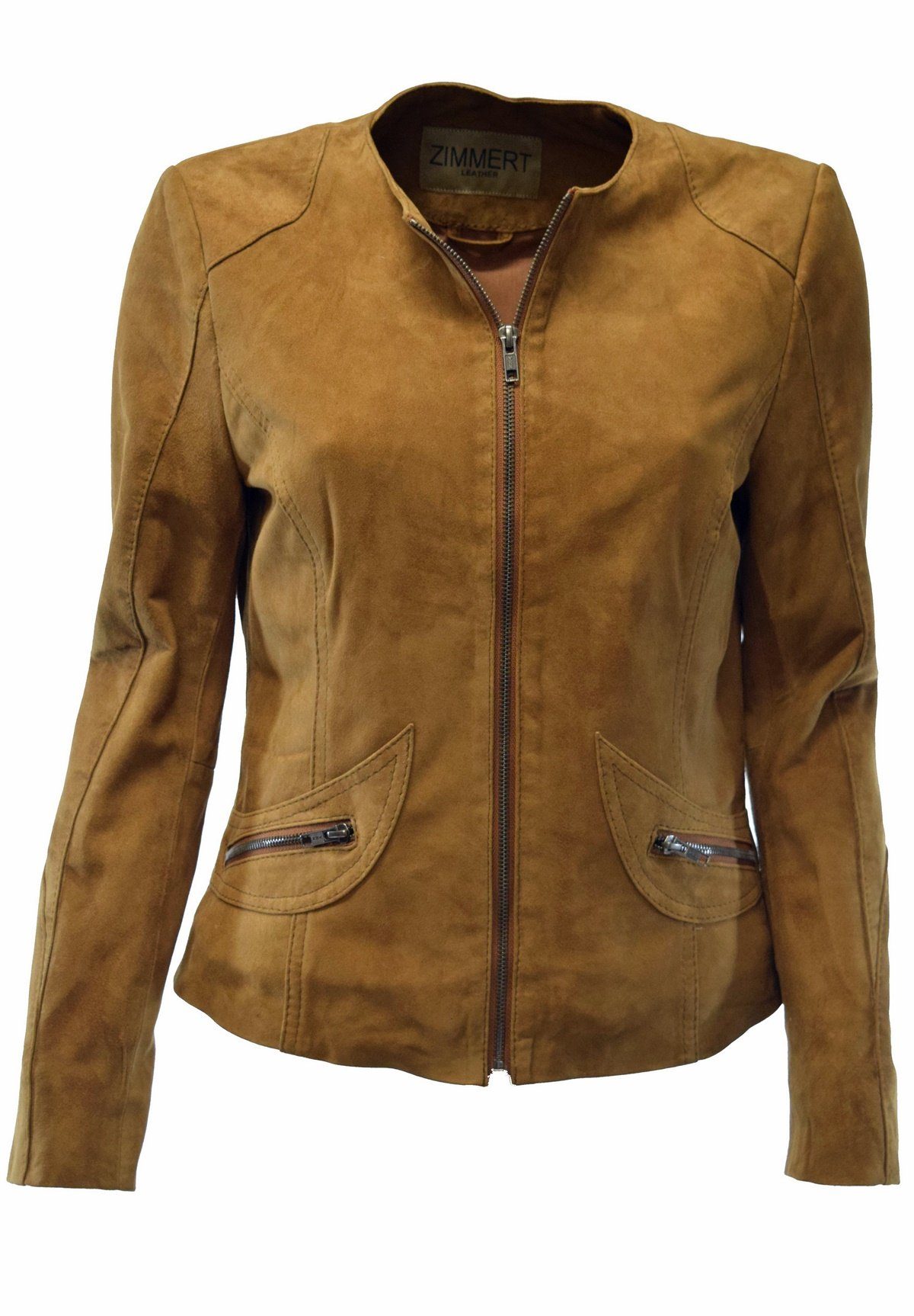 Zimmert Leather Lederjacke Bea (1-St) Kragenlos, leicht, Cognac, braun, Wildleder, Ziegenvelour