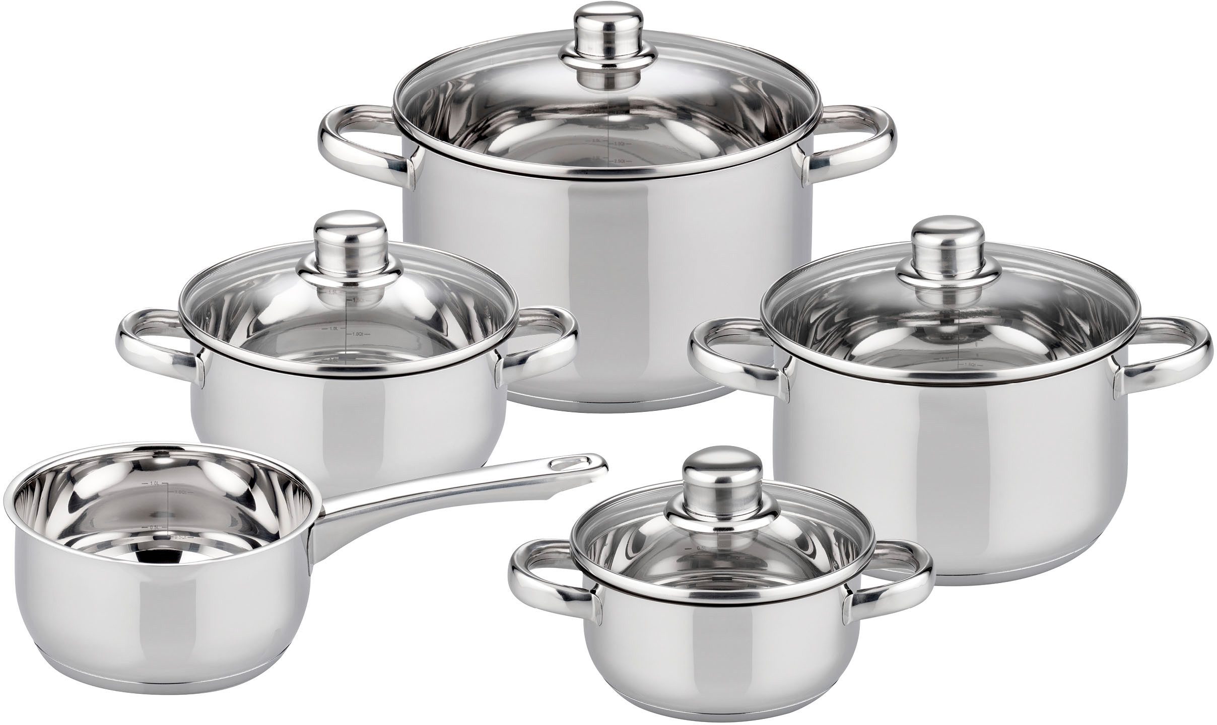 Elo Basic Topf-Set Galactica, Edelstahl 201 (Set, 9-tlg., je 1 x Kochtopf mit Deckel Ø 14/16/20/24 cm, 1 Stielkasserolle Ø 16 cm), Induktion
