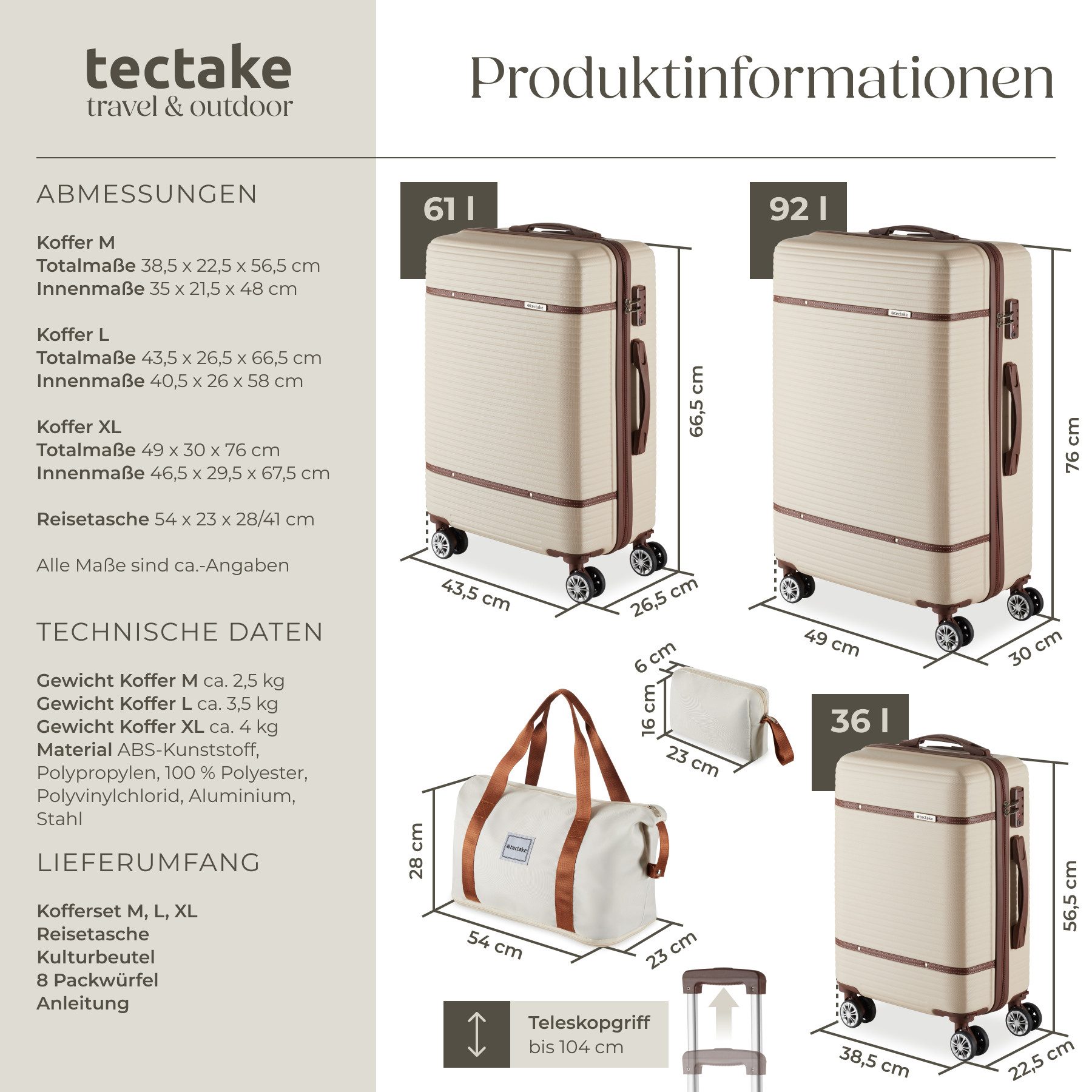 tectake Trolley Reisekofferset, 4 Rollen, 13-teilig, Hartschalen aus robustem ABS-Kunststoff