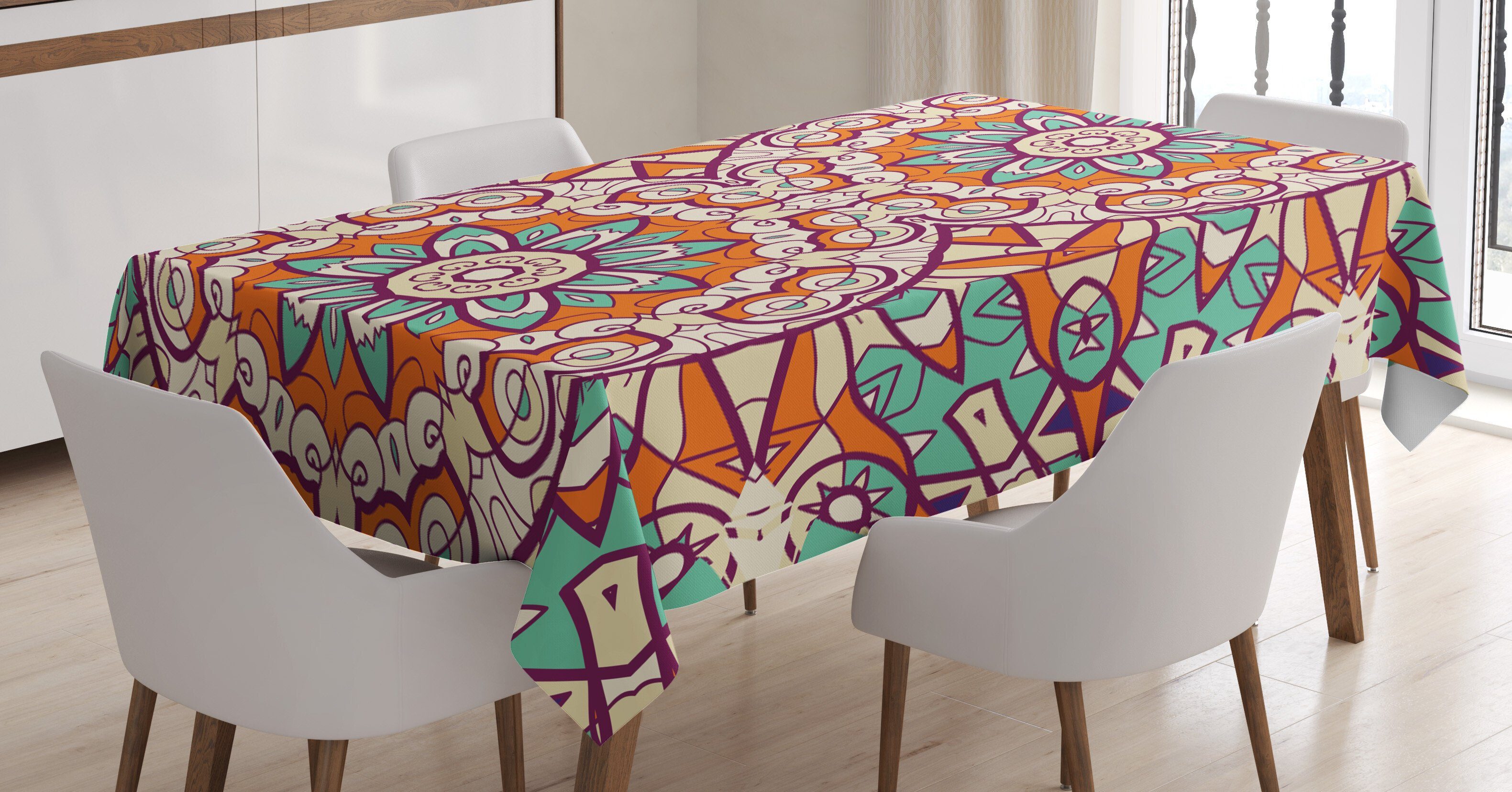 Abakuhaus Tischdecke Farbfest Waschbar Für den Außen Bereich geeignet Klare Farben, Orange Mandala Abstrakt Folk Runde | Tischdecken