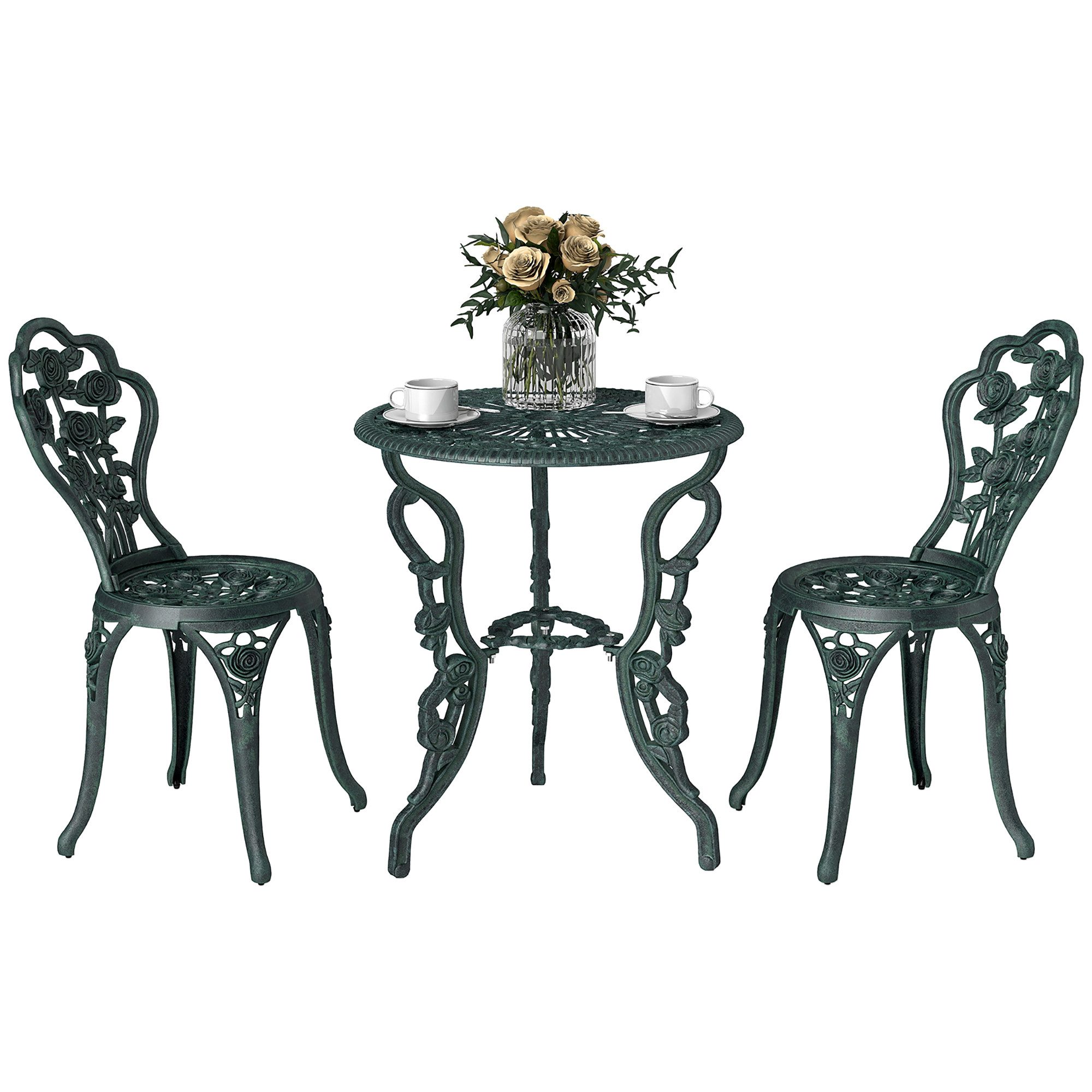 kowdom Garten-Essgruppe Bistro Set 3-teilig mit Schirmloch, Gussaluminium, 2 Stühle, grün, (Bistro Set, 3-teiliges Bistro Set mit Sonnenschirm-Loch), Bistro Set, mit Schirmloch, Gussaluminium, rostfrei