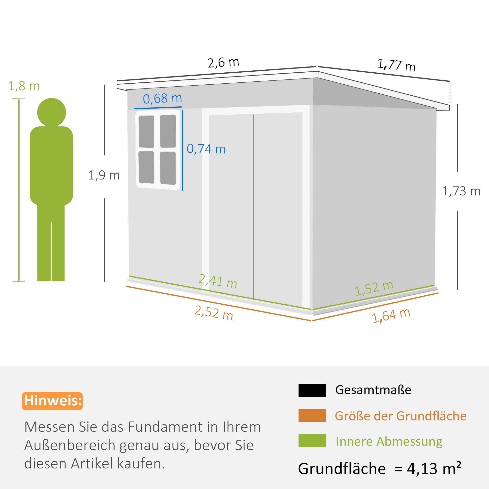 Outsunny Gerätehaus mit Fenster, Lüftungsöffnungen, breite Tür, BxT: 260x177 cm, (Metallschuppen, 1 St., Fahrradschuppen), 260 x 177 x 190 cm, Dunkelgrau