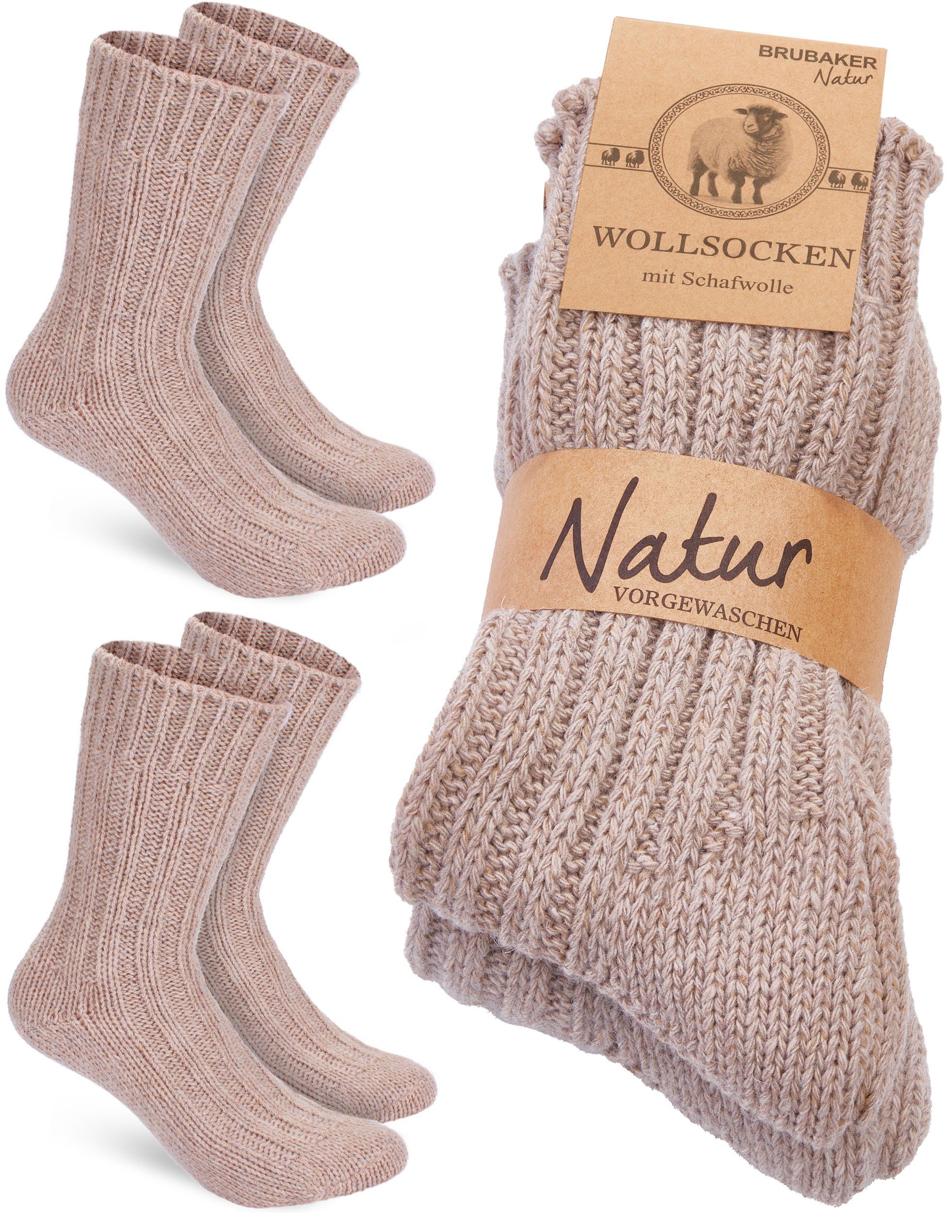 Wintersocken Beige und - Winter Warm Set Herren - Flauschig mit - Damen für Thermosocken (2-Paar) und Wollsocken BRUBAKER Socken Stricksocken Schafwolle