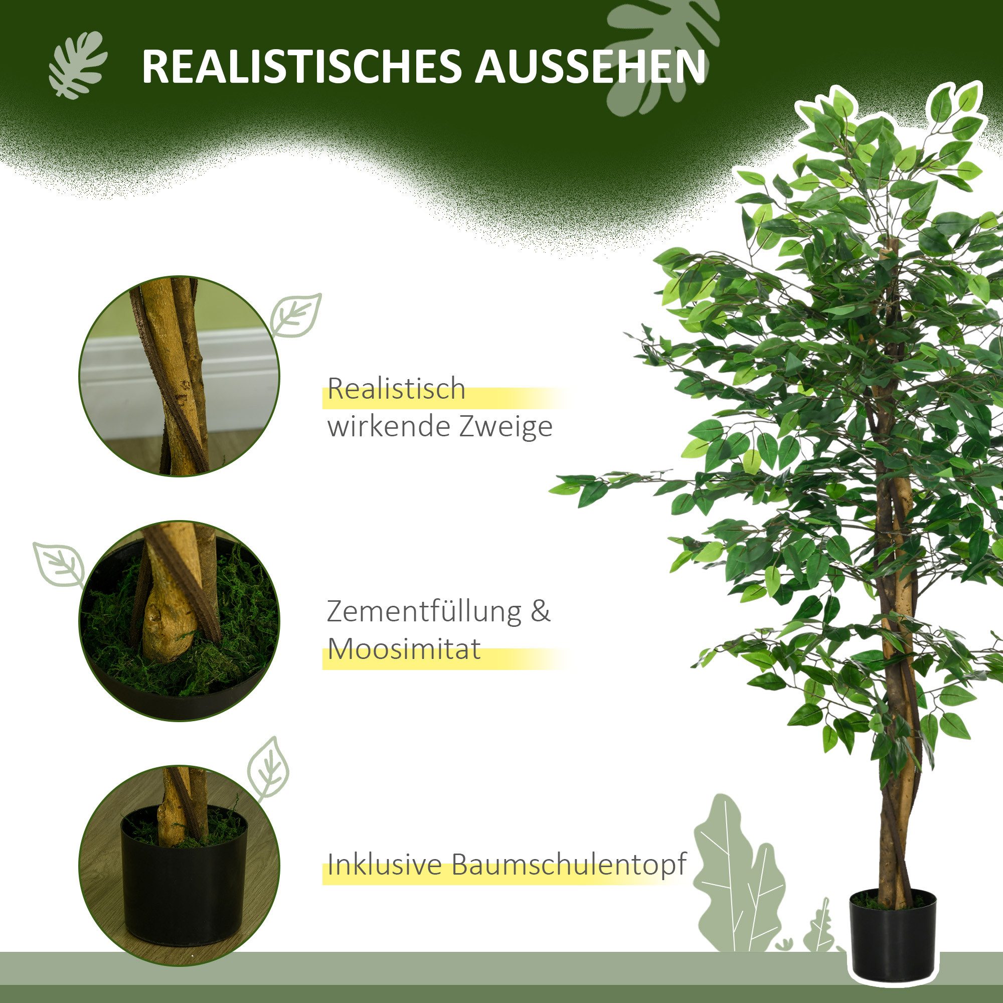 Kunstpflanze Künstliche Pflanzen, Kunstbaum wie echt, Wohnzimmer, Schlafzimmer Ficus, HOMCOM, Höhe 150 cm, Kuststoff, Grün – Bild 4 von 5