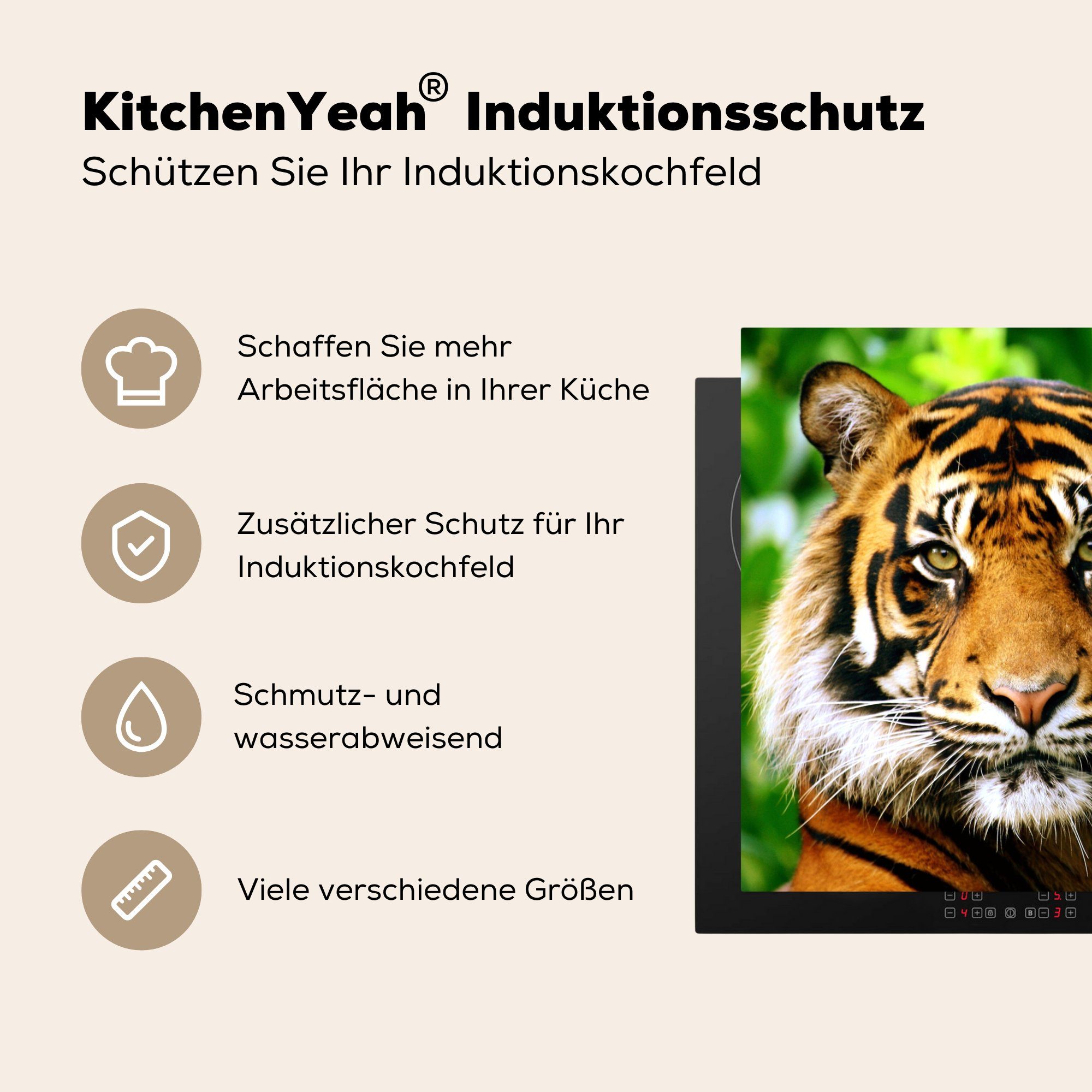 Vinyl, tlg), eines Dschungel, Porträt Ceranfeldabdeckung, Sumatra-Tigers Arbeitsplatte küche Herdblende-/Abdeckplatte MuchoWow (1 für im 78x78 cm,