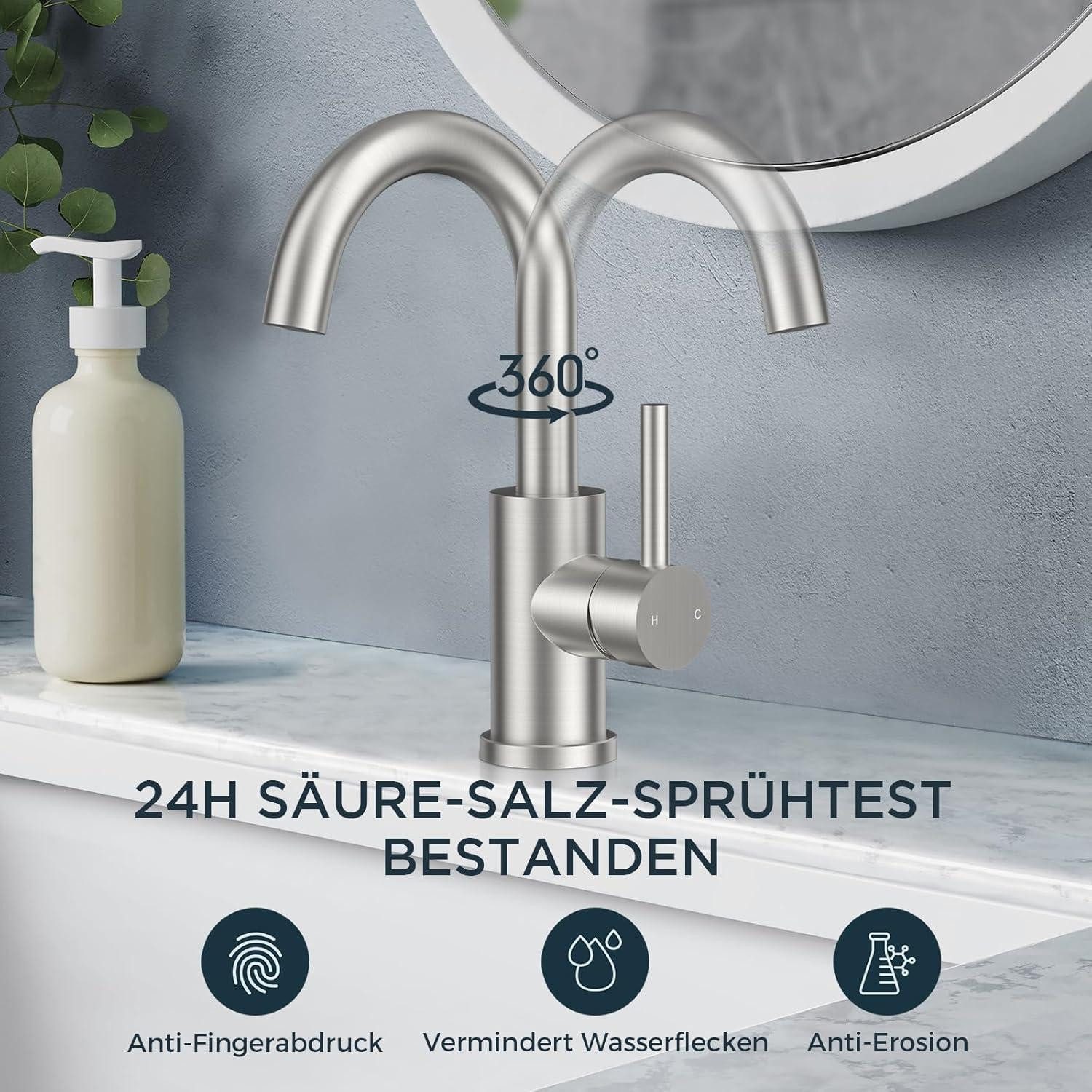 LuxusKollektion Waschtischarmatur Wasserhahn Edelstahl 360 drehbar Auslaufhöhe 175mm Edelstahl – Bild 4 von 5