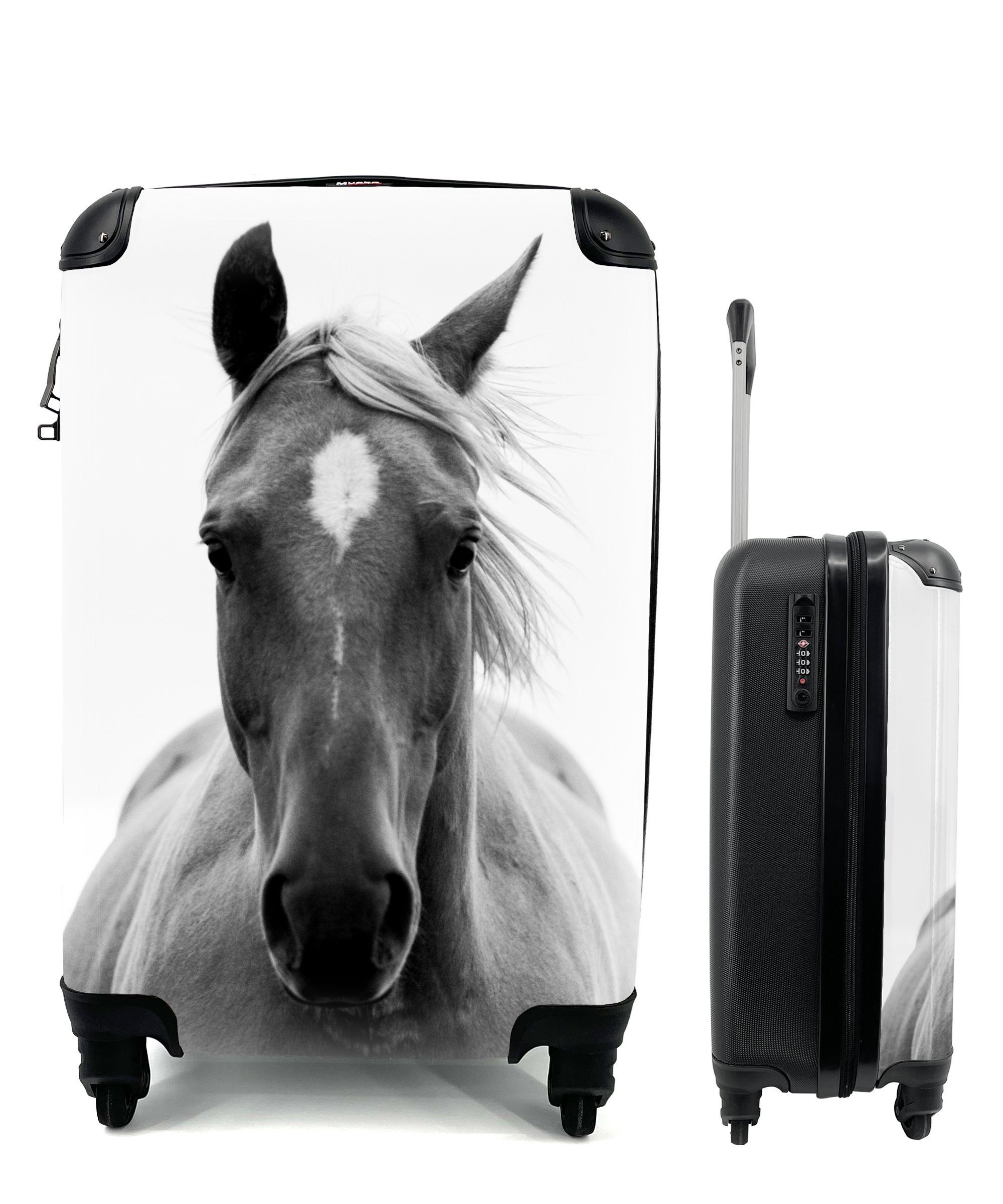 MuchoWow Handgepäckkoffer Pferd - Tier - Schwarz - Weiß, 4 Rollen, Reisetasche mit rollen, Handgepäck für Ferien, Trolley, Reisekoffer
