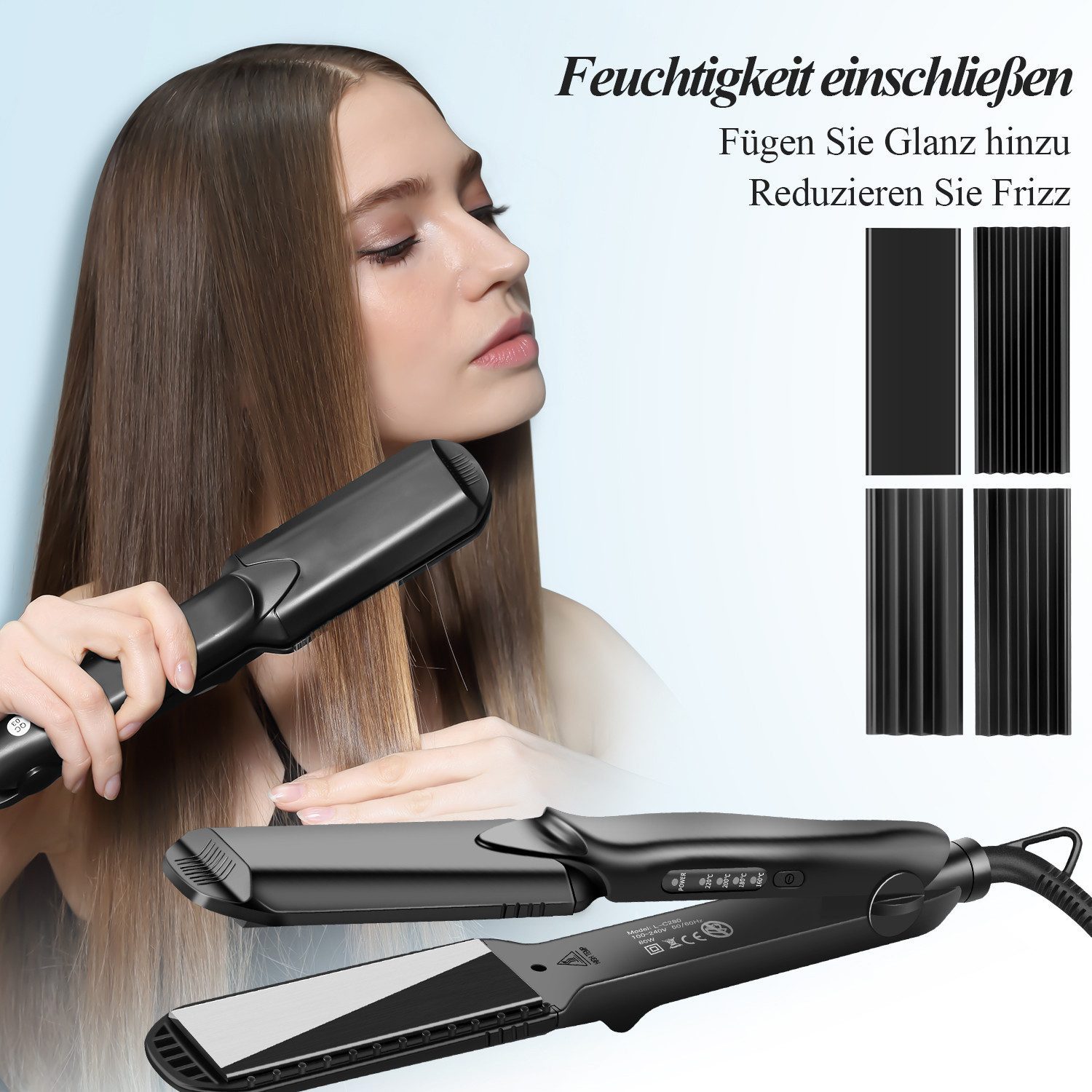 CkeyiN Pro Welleneisen Glätteisen Kreppeisen, 4-in-1-Haarglätter,Kreppeisen für Haare Keramik-Turmalin-Beschichtung, Austauschbaren Platten, 30 Sekunden Aufwärmen