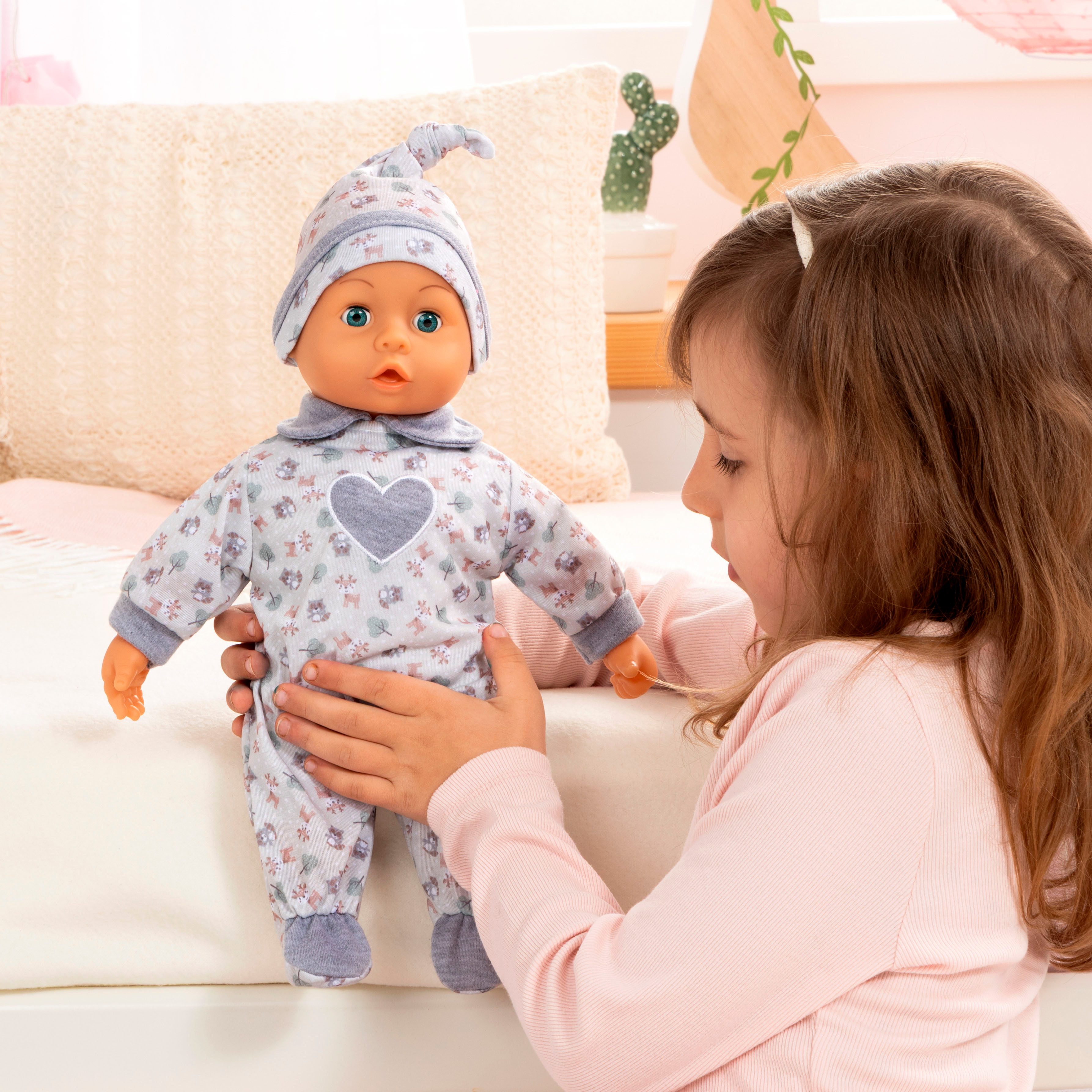 Bayer Babypuppe First Words Baby, 38 cm, grau (3-tlg), mit Schlafaugen und Babygeräuschen – Bild 2 von 5