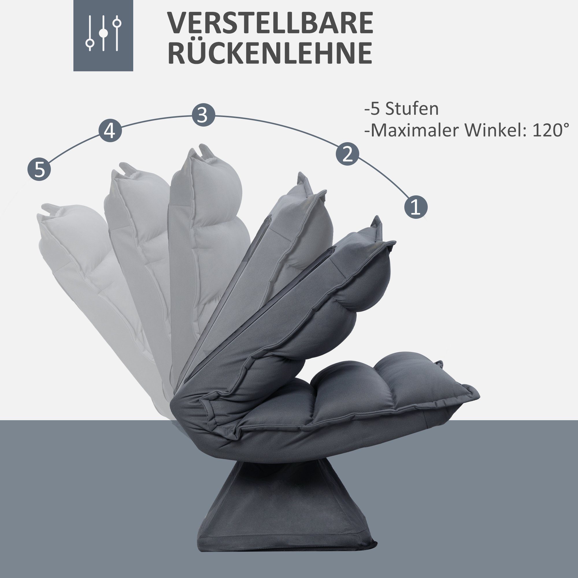 HOMCOM Relaxsessel Bodenstuhl 360° drehbar Bodensessel verstellbare Rückenlehne (Bodensofa, 1-St., Sessel), für Wohnzimmer, Dunkelgrau – Bild 4 von 5