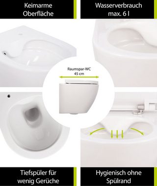 aquaSu Tiefspül-WC, Wandhängend, Abgang Waagerecht, Raumspar WC 45 cm, spülrandlos, Absenkautomatik, 048750