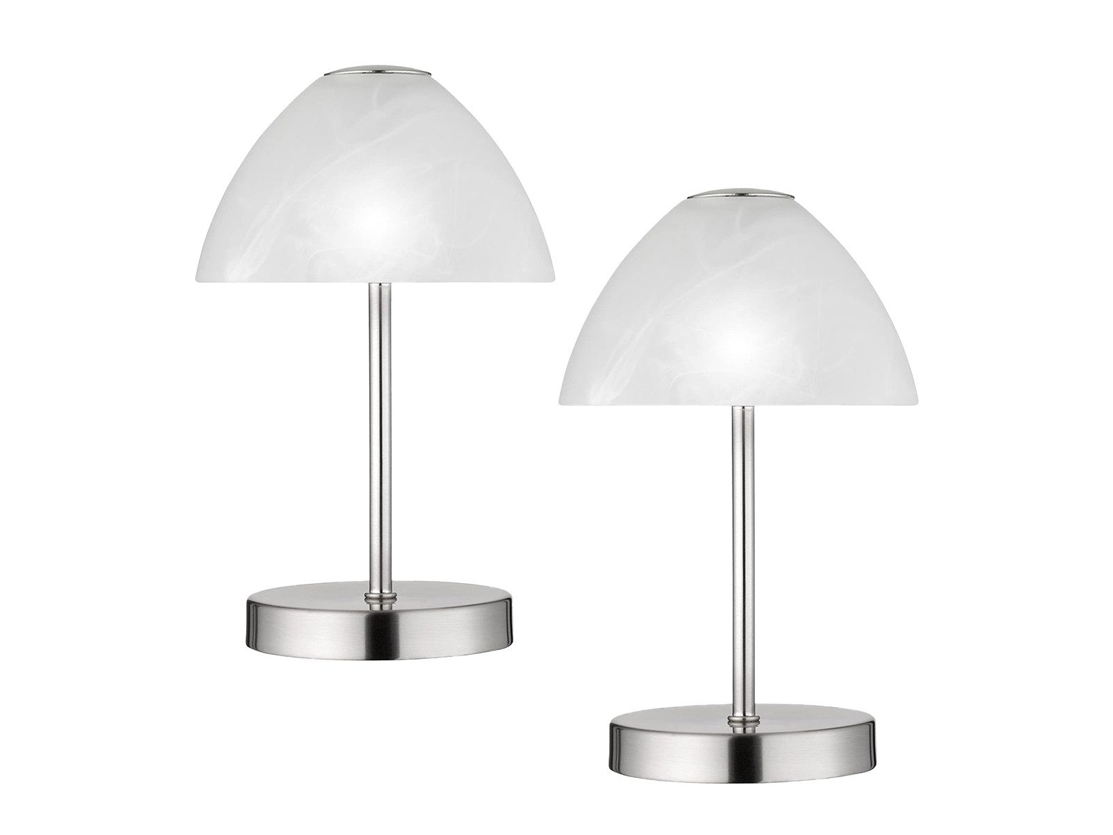 Reality Leuchten LED Nachttischlampe 2-er SET dimmbar Silber, Höhe 24cm, Dimmfunktion, LED fest integriert, Warmweiß, kleine Designklassiker Tischlampen mit Glas-Schirm Weiß