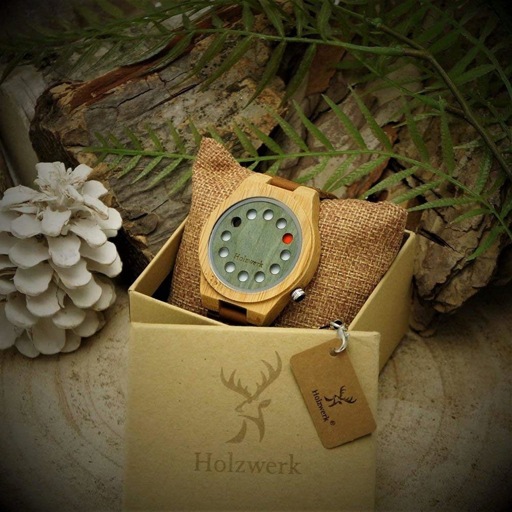 und Leder Armband Quarzuhr braun in EIFEL Holz Uhr Holzwerk grün Herren Damen & &