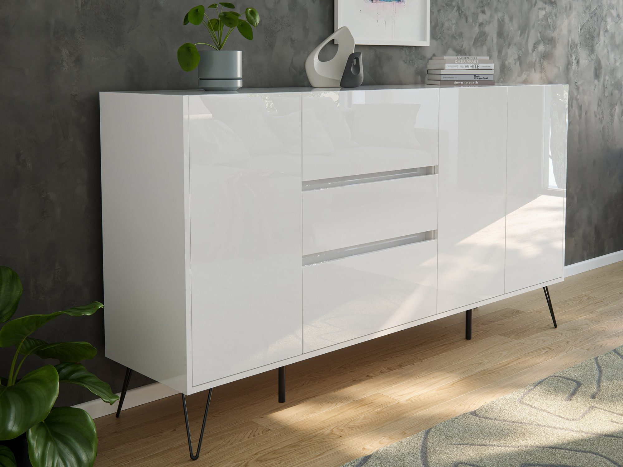 Kommode Sideboard Yako XL 180cm 3 SoftClose 3 Türen Weiß hochglanz