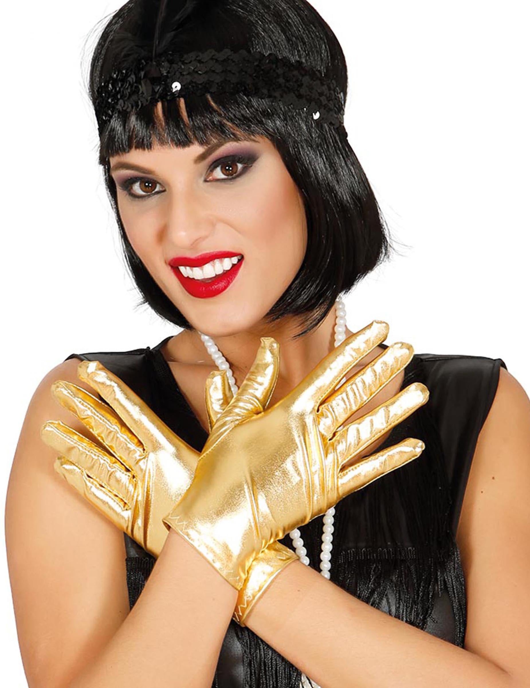 Fiestas Guirca Kostüm Kurze Handschuhe für Damen im Metallic-Look gold