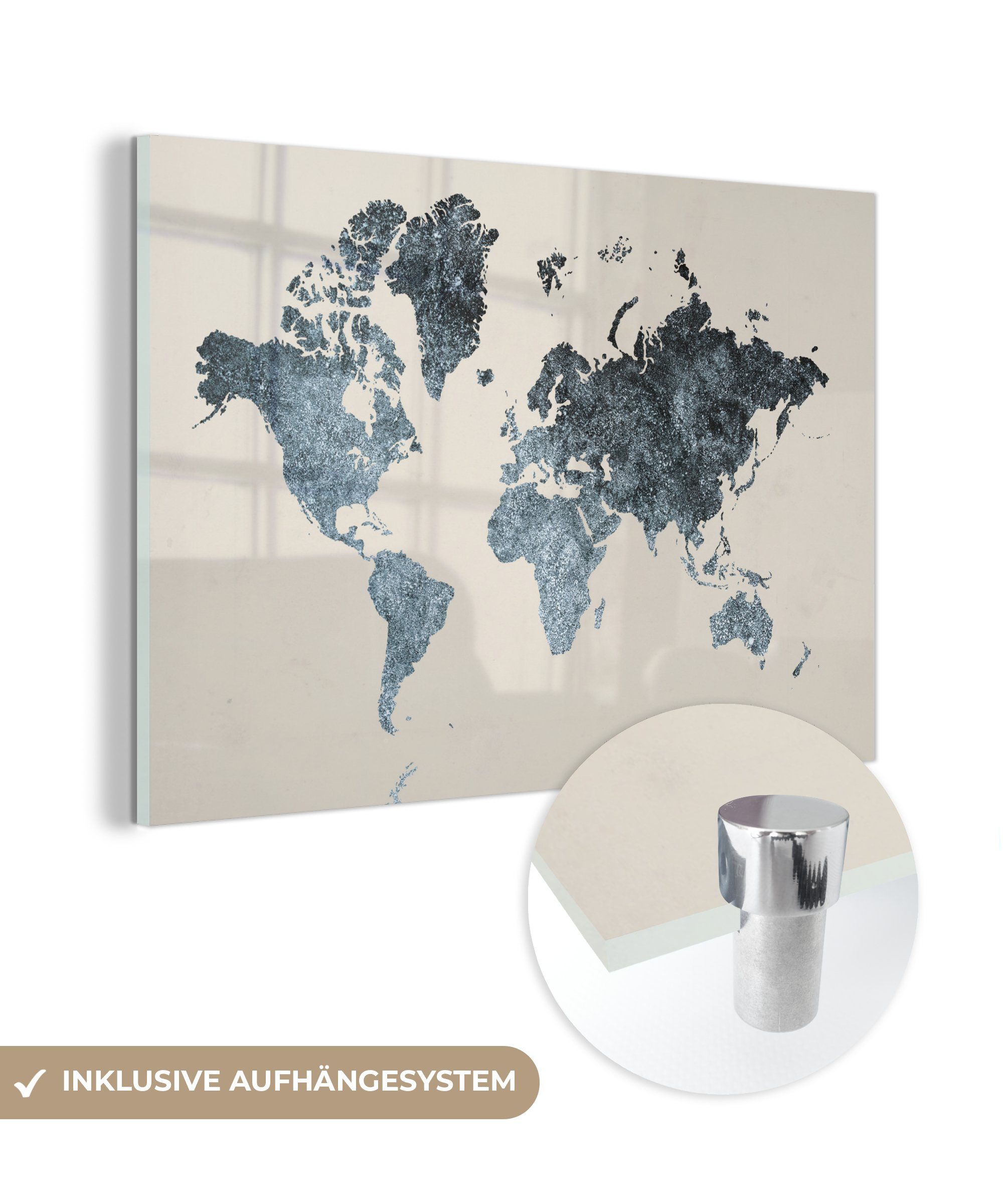 MuchoWow Acrylglasbild Weltkarte - Schwarz - Silber, (1 St), Glasbilder - Bilder auf Glas Wandbild - Foto auf Glas - Wanddekoration