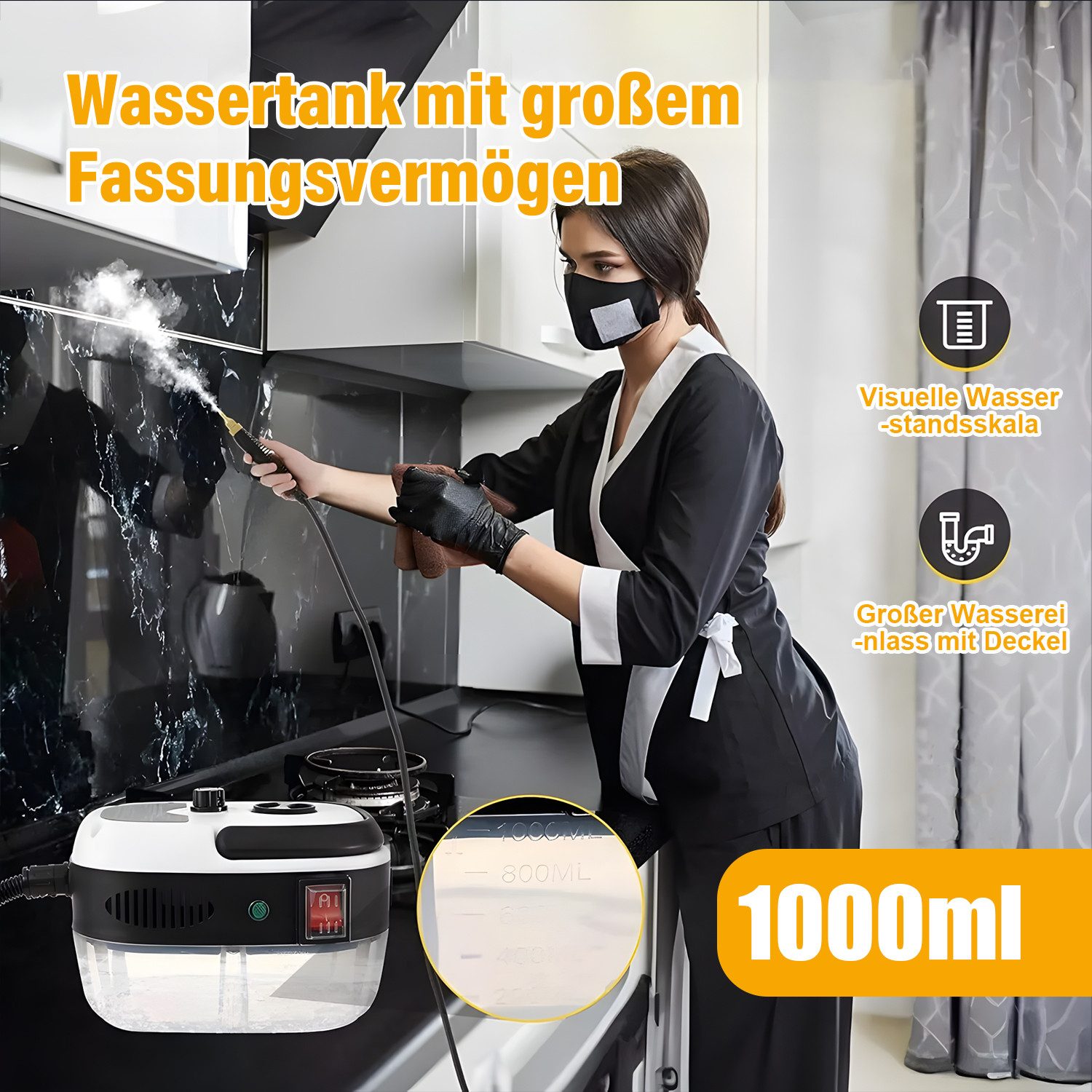 AKKEE Handdampfreiniger 2500W Dampfreiniger, tragbarer Reiniger, Küchenreiniger, 2500 W, 60 Min Betriebsdauer