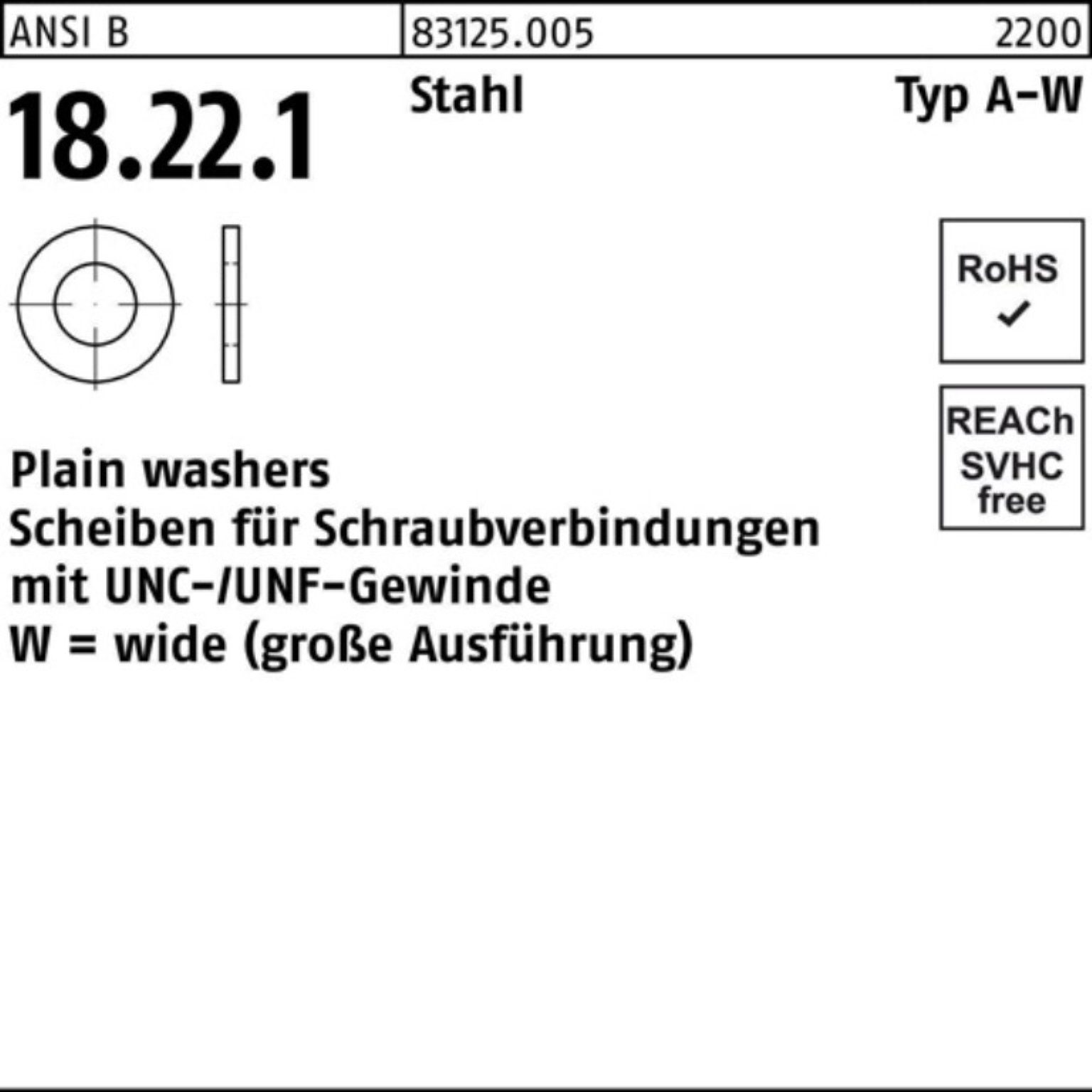 Reyher Unterlegscheibe 100er Pack Unterlegscheibe ANSI B18.22.1 Typ W 3/4x 2,000 Stahl 100 St