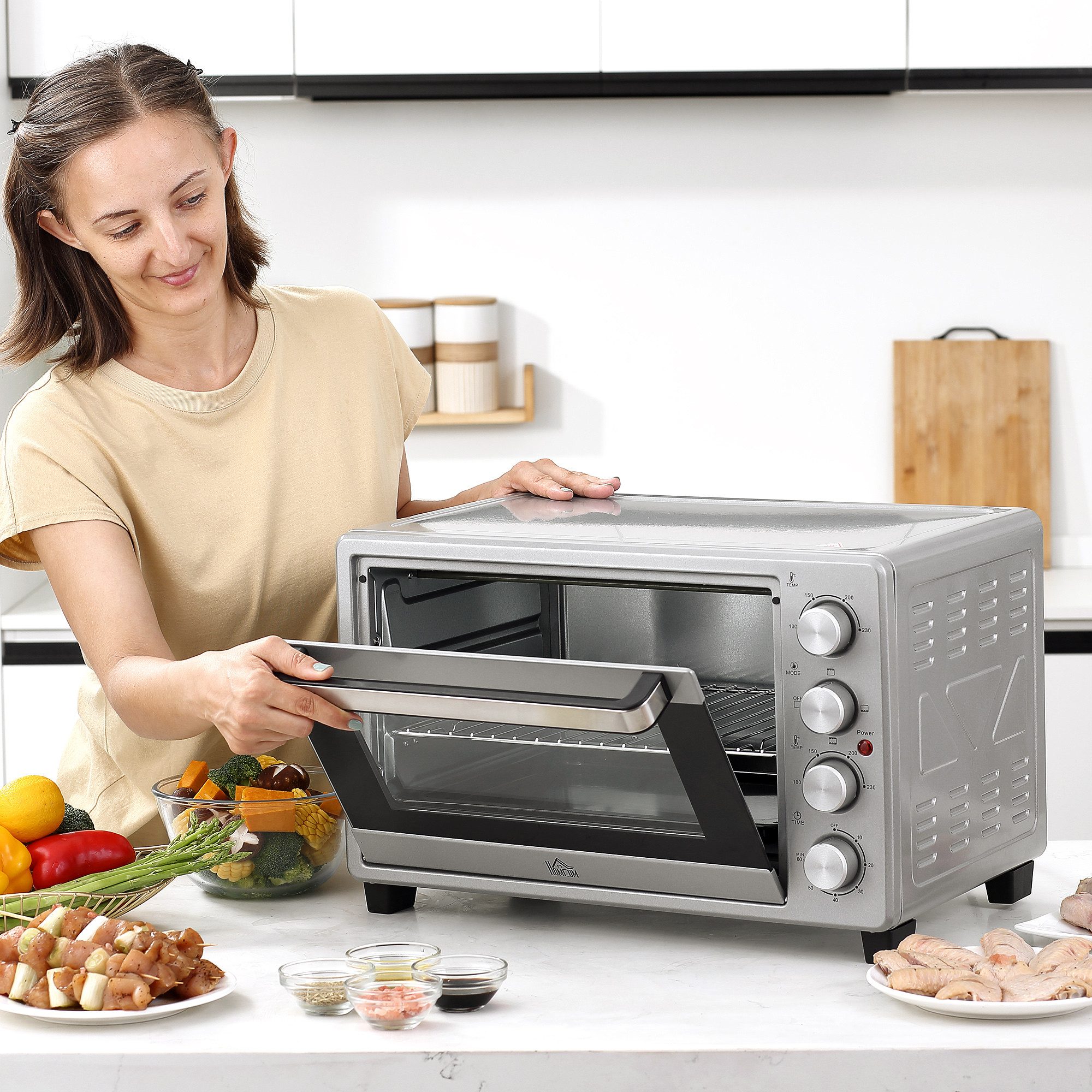 HOMCOM Minibackofen 32L 100 °C-230 °C 1600 W Mini Ofen mit Backblech Krümelblech, Silber 52,2 x 38,1 x 33,5 cm