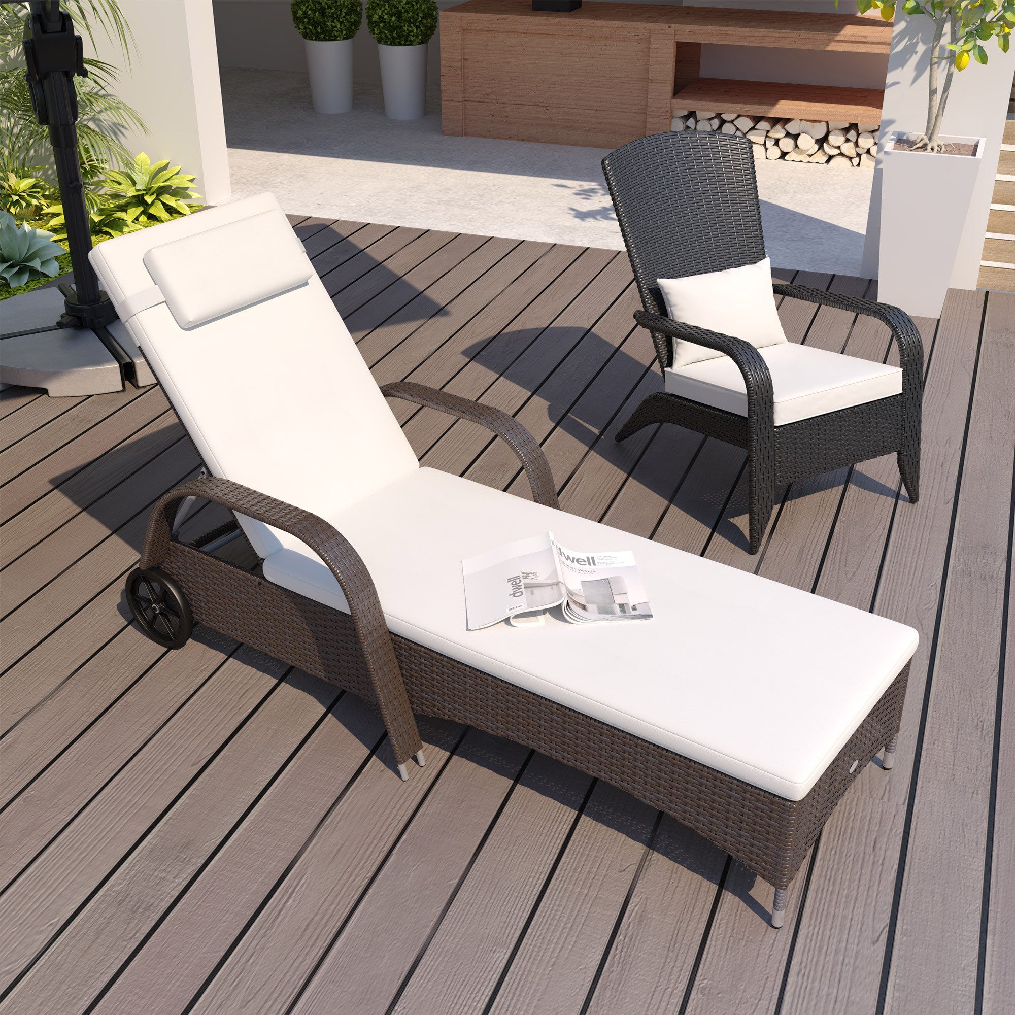 Outsunny Gartenliege Polyrattan Liege mit 5-fach verstellbare Rücklehne, Polsterauflage, Liege, 1 St., Sonnenliege, 160 kg belastbar, für Garten, 200x73x30-103cm, Kaffeebraun