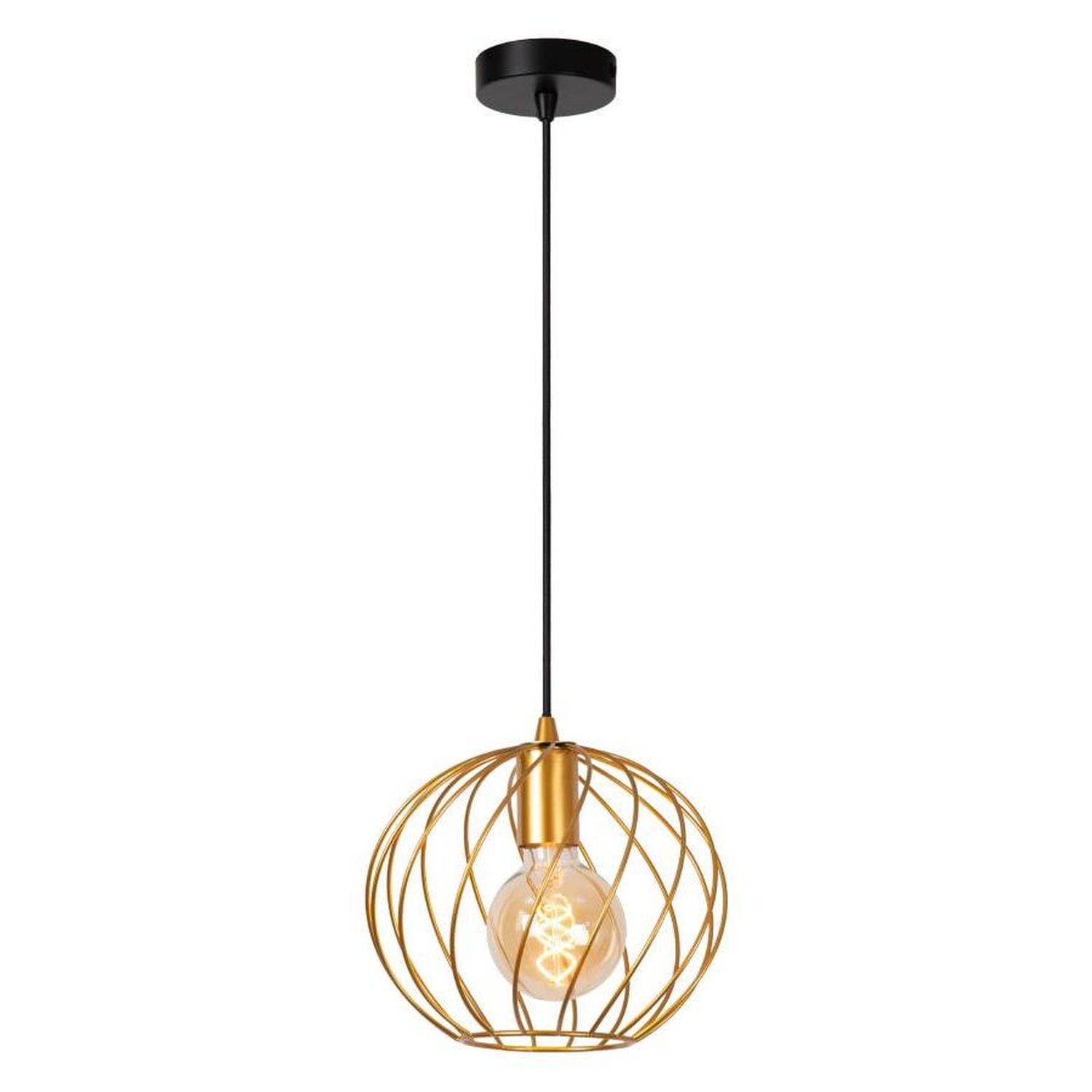 Licht-Erlebnisse Pendelleuchte LORIN, ohne Leuchtmittel, Metall E27 D: 25 cm H: max. 150 cm Drahtschirm in Schwarz Messing