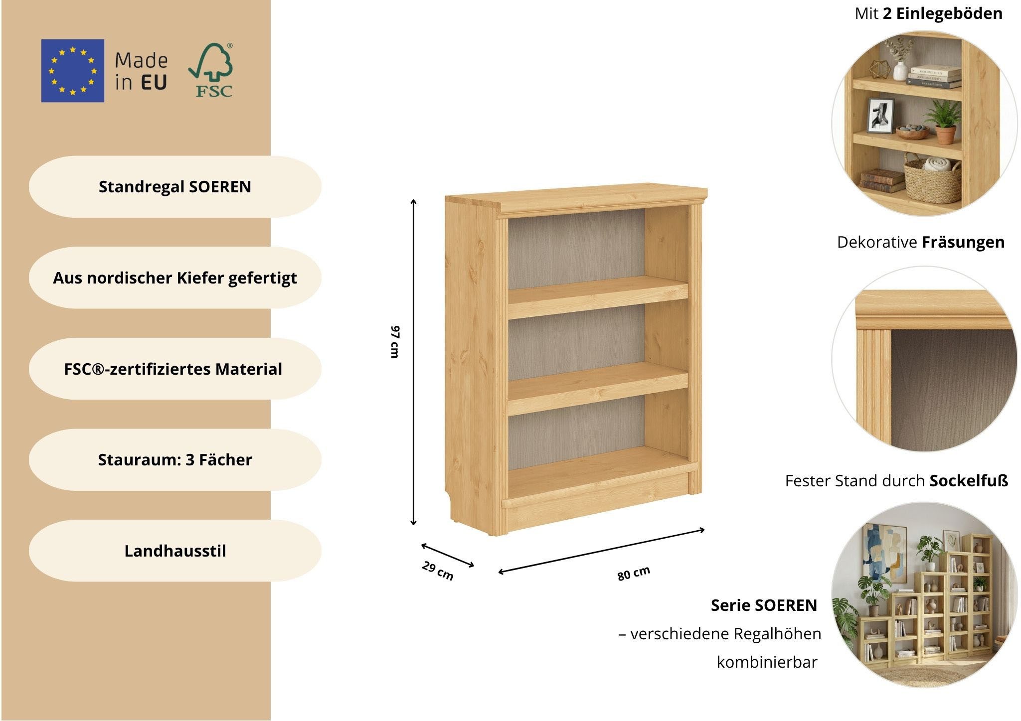 OTTO home Standregal Soeren Regal Bücherregal B/T/H: 80/29/97 cm, massive Kiefer, FSC®-zertifiziert