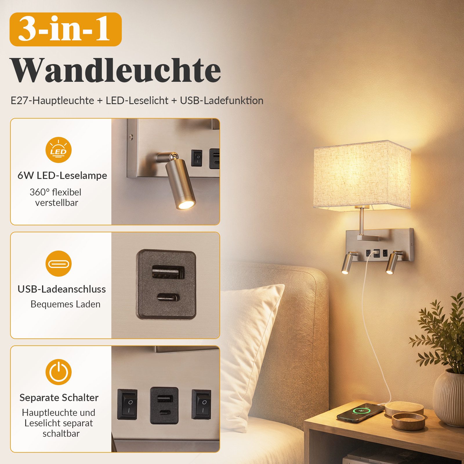 Nettlife Wandleuchte innen Schalter Moderne Wandlampe E27 Stoffschirm, ohne Leuchtmittel, USB-A&USB-C Ladefunktion zwei 360° schwenkbare LED-Lesearme