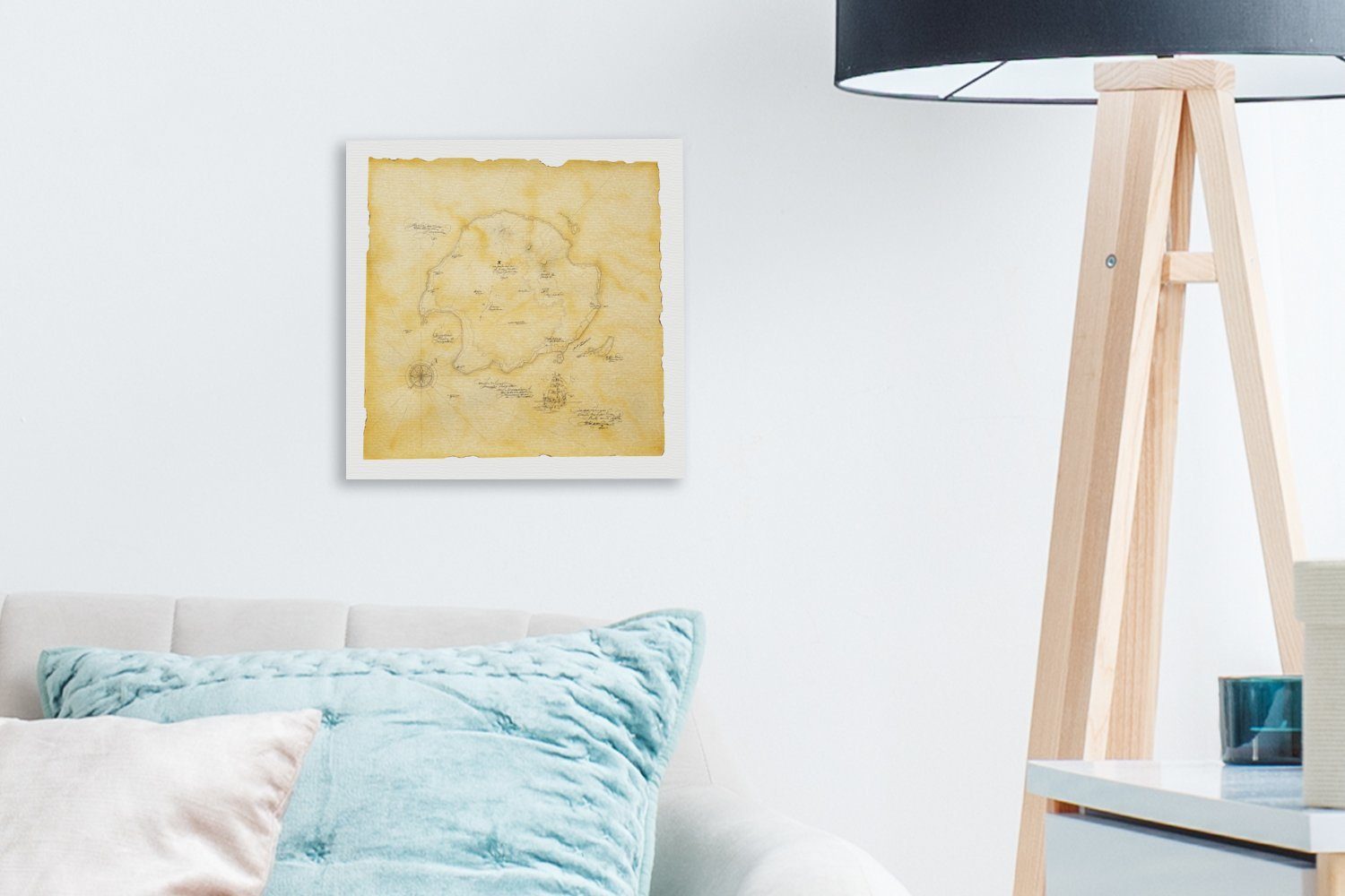 Leinwand auf Eine Wohnzimmer Leinwandbild St), OneMillionCanvasses® Bilder Schlafzimmer Hintergrund, weißem Schatzkarte goldene für (1