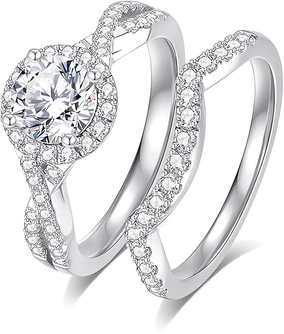 Jumpeak Diamantring Diamant,Damen Verlobungsring Set,Eheringe,Doppelringe,Frauen Geschenk (Set, 1Karat, E, VS1, 3EX, 14K), Labordiamant, 585 Gold Ringe, Promise ring, Gedenkgeschenk, Luxuriös