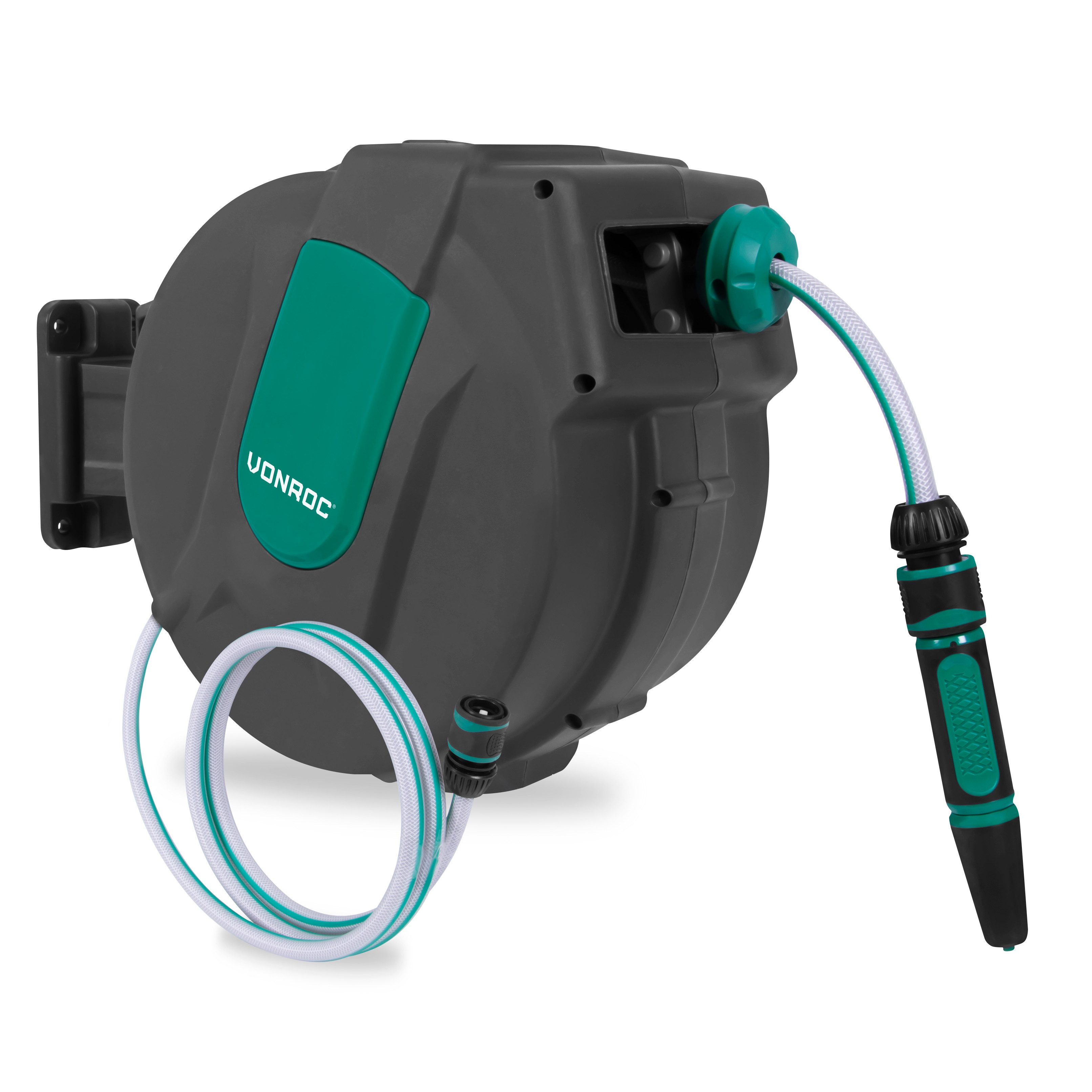 VONROC Schlauchtrommel Gartenschlauch als Schlauchaufroller, (Wasserschlauch 180° drehbar als Schlauchbox inkl. Schlauchhalter Wand & Einzugautomatik - Grün, Je nach Set 15m / 25m oder 35m)
