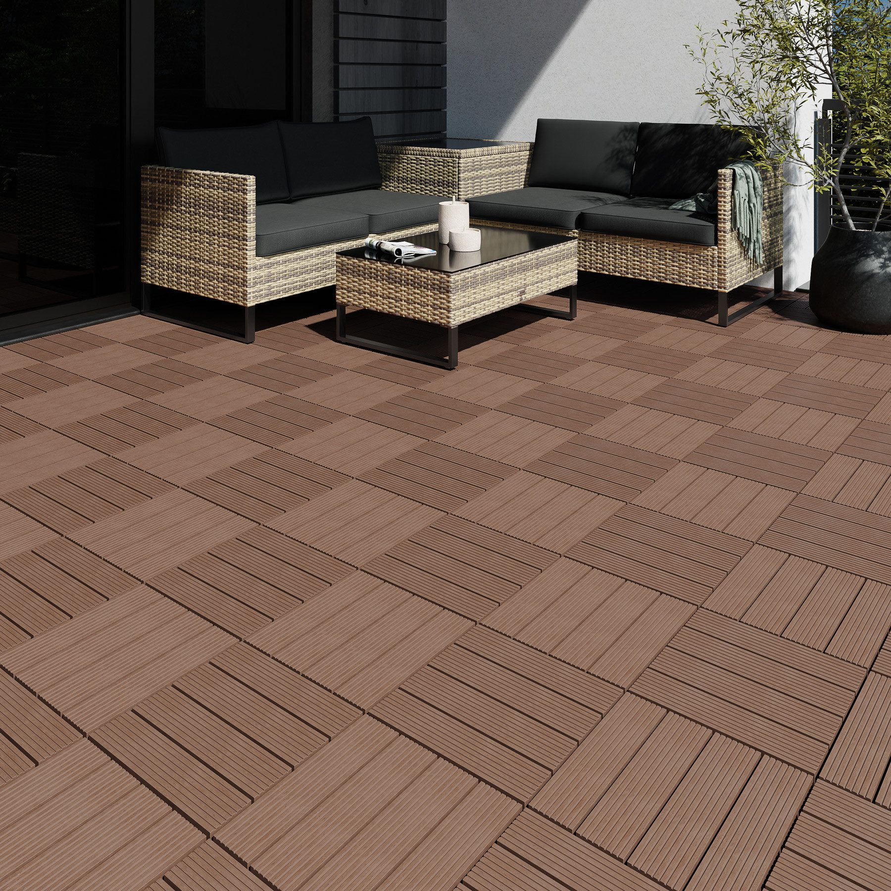 tectake Terrassendielen Terrassenfliesen 11er Set im Klicksystem, 31 x 31 x 2,2 cm, 1,0571 m², BxL: je 31,00x31,00 cm, (Terrassenplatten Außenbereich Tegulas, 11-St., in braun), robustes WPC in Holzoptik, mit Drainage, wetterfest