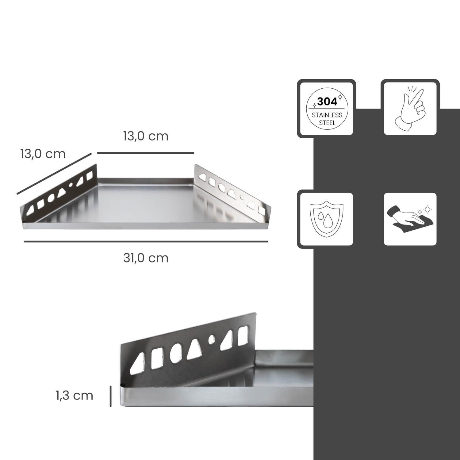 Dalsys Duschregal, Befliesbare Duschablage Ecke 310mm x 130mm Silber 1-tlg., Ablage zum Einfliesen, Edelstahl korrosionsbeständig, Bad Accessoires